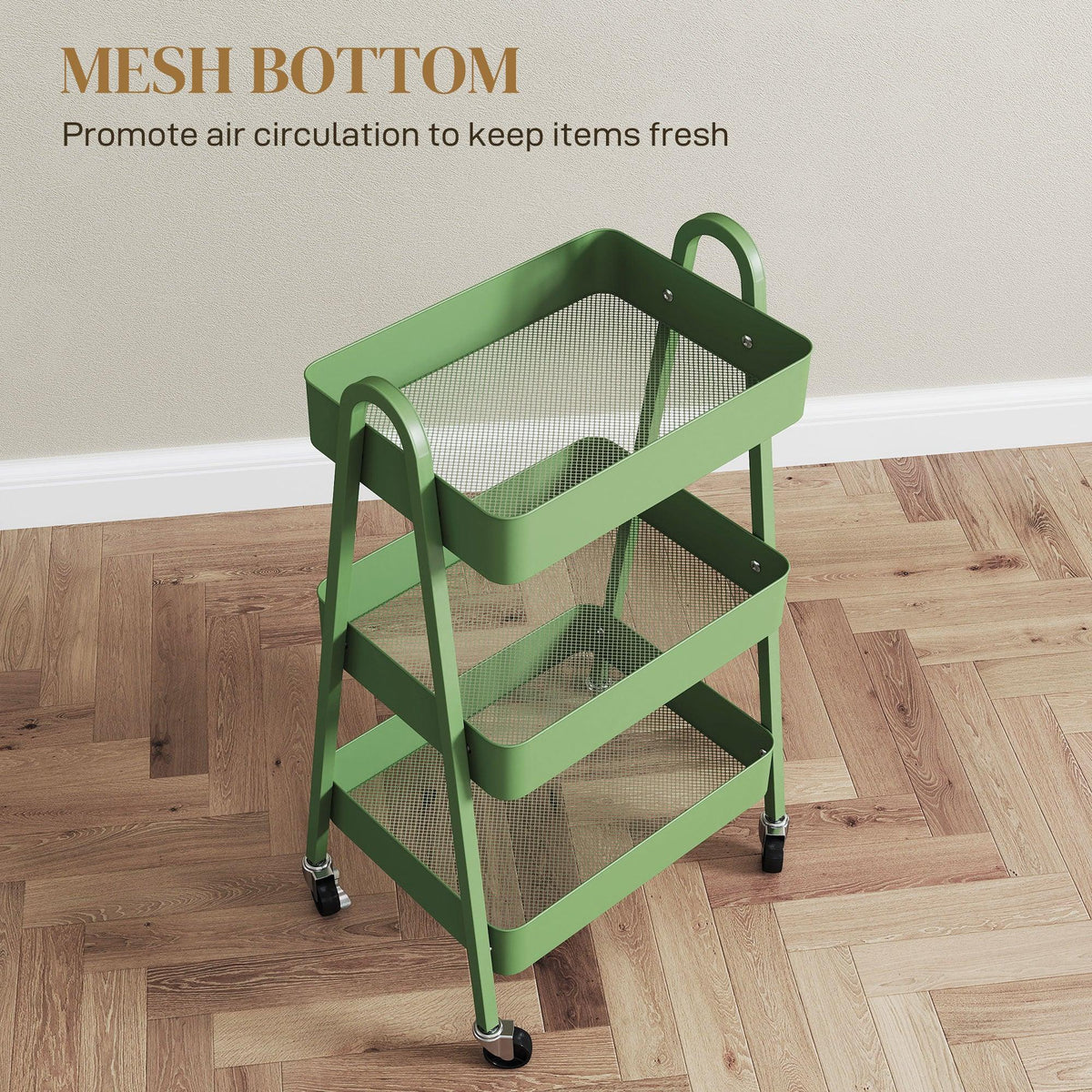 Green three-tier mesh storage trolley with side handles and caster wheels