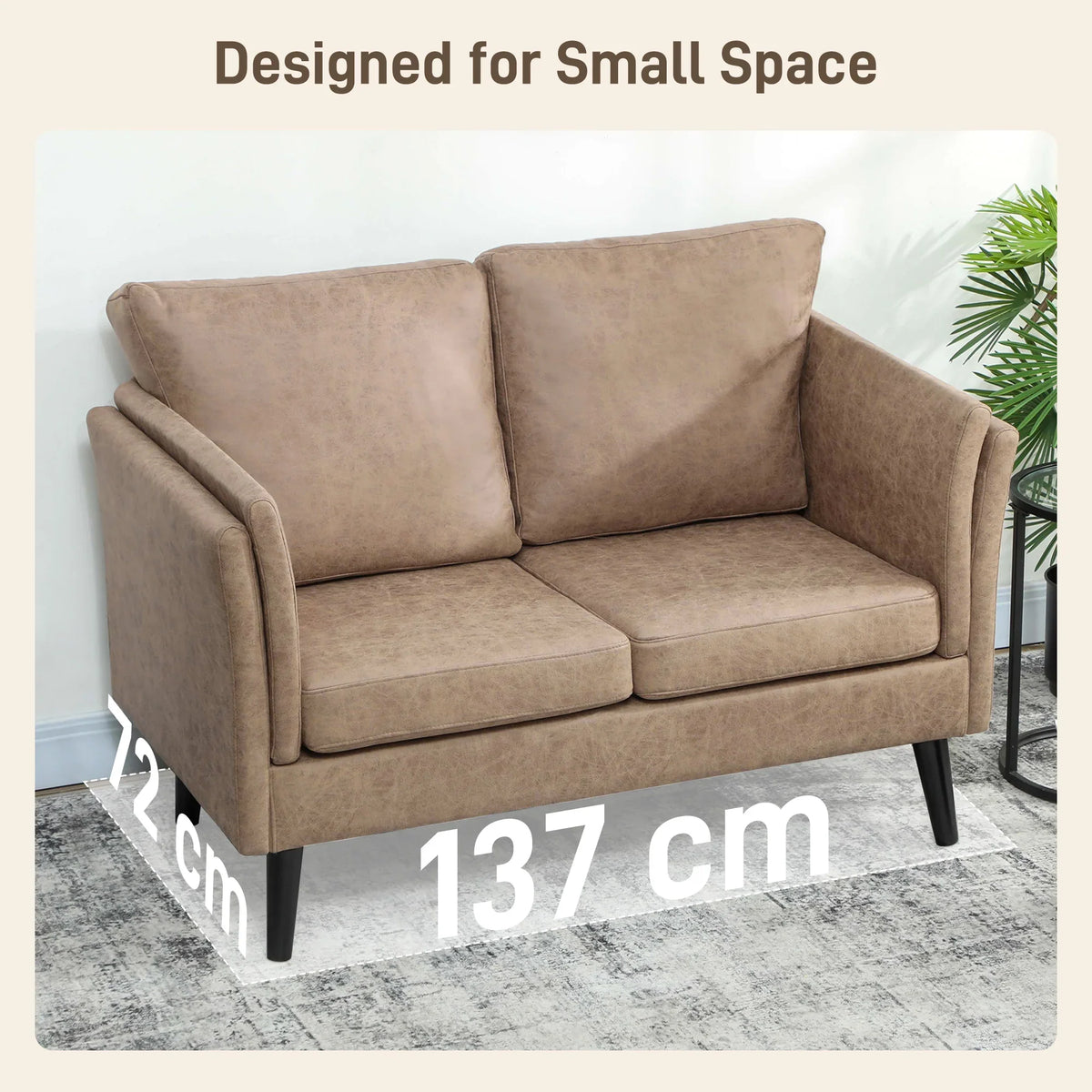 Light brown two-seater sofa loveseat with square back, padded seat, and dark legs