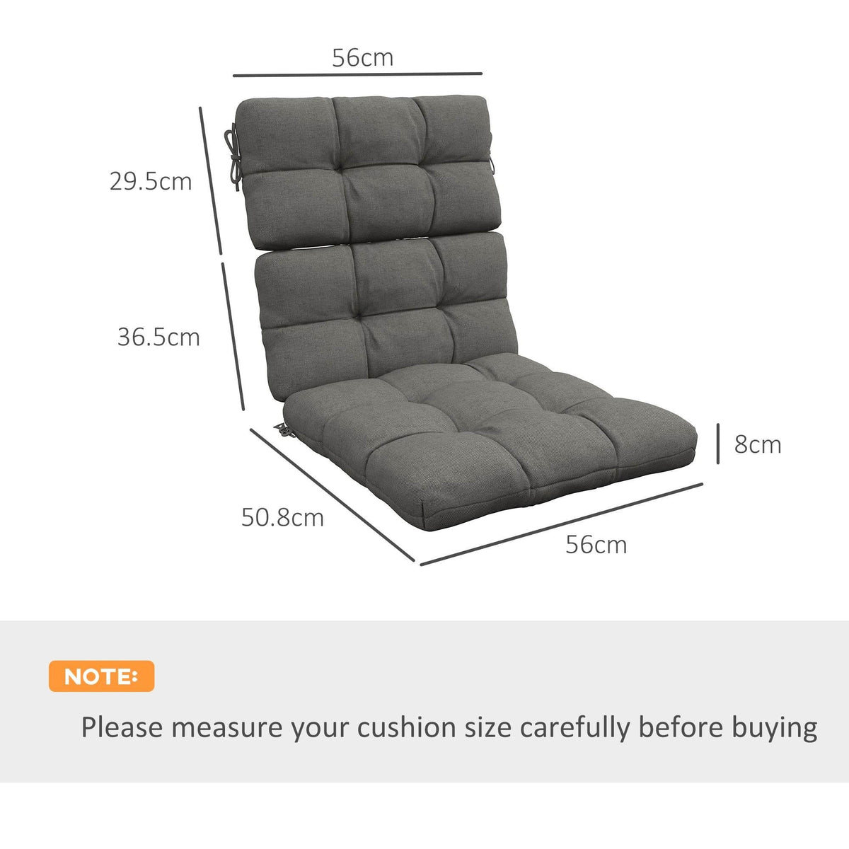 Charcoal grey chair cushion with backrest and seat pad, padded and tufted, flat lay