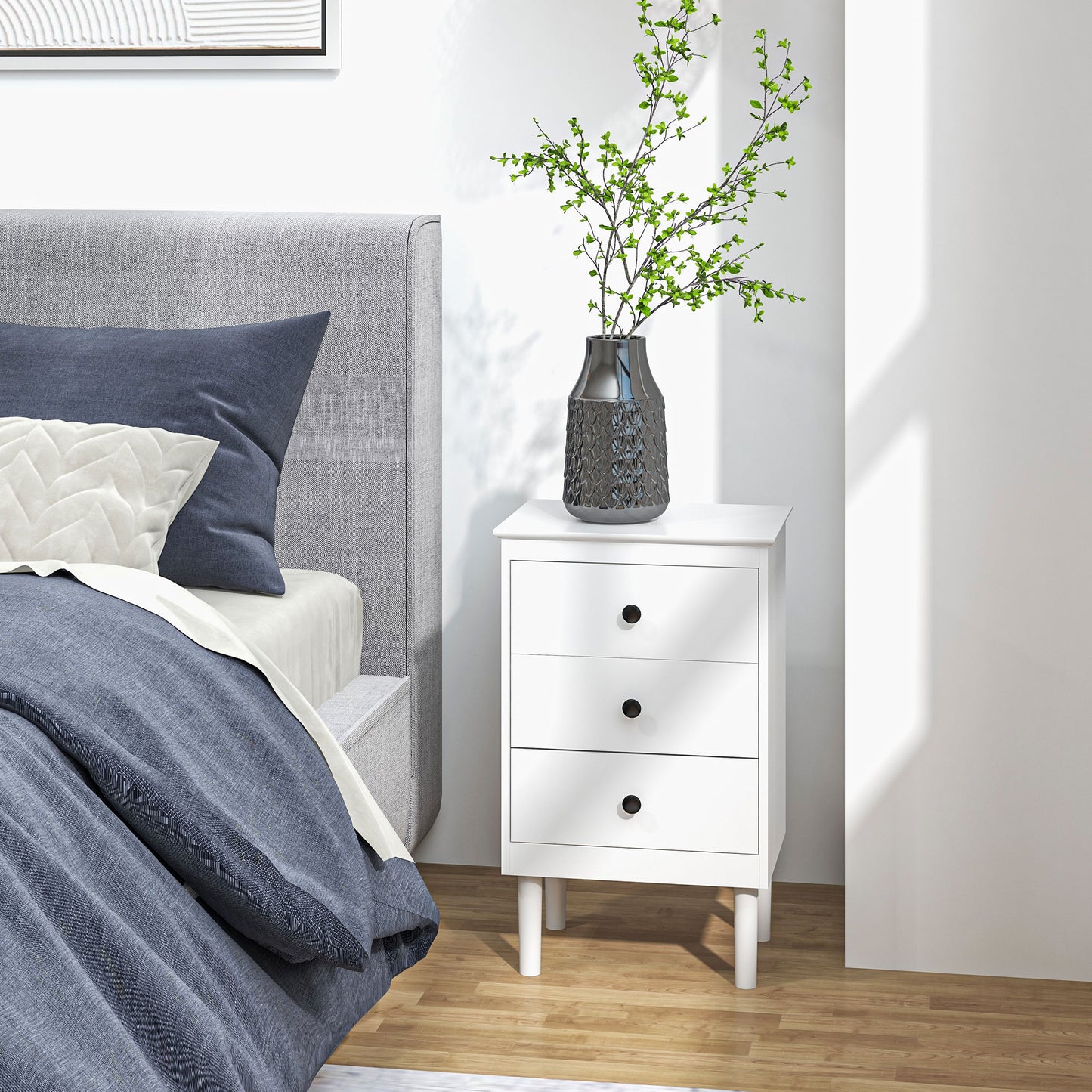 HOMCOM White Set Of Two Three Drawer Bedside Tables With Black Handles For Nightstand Storage