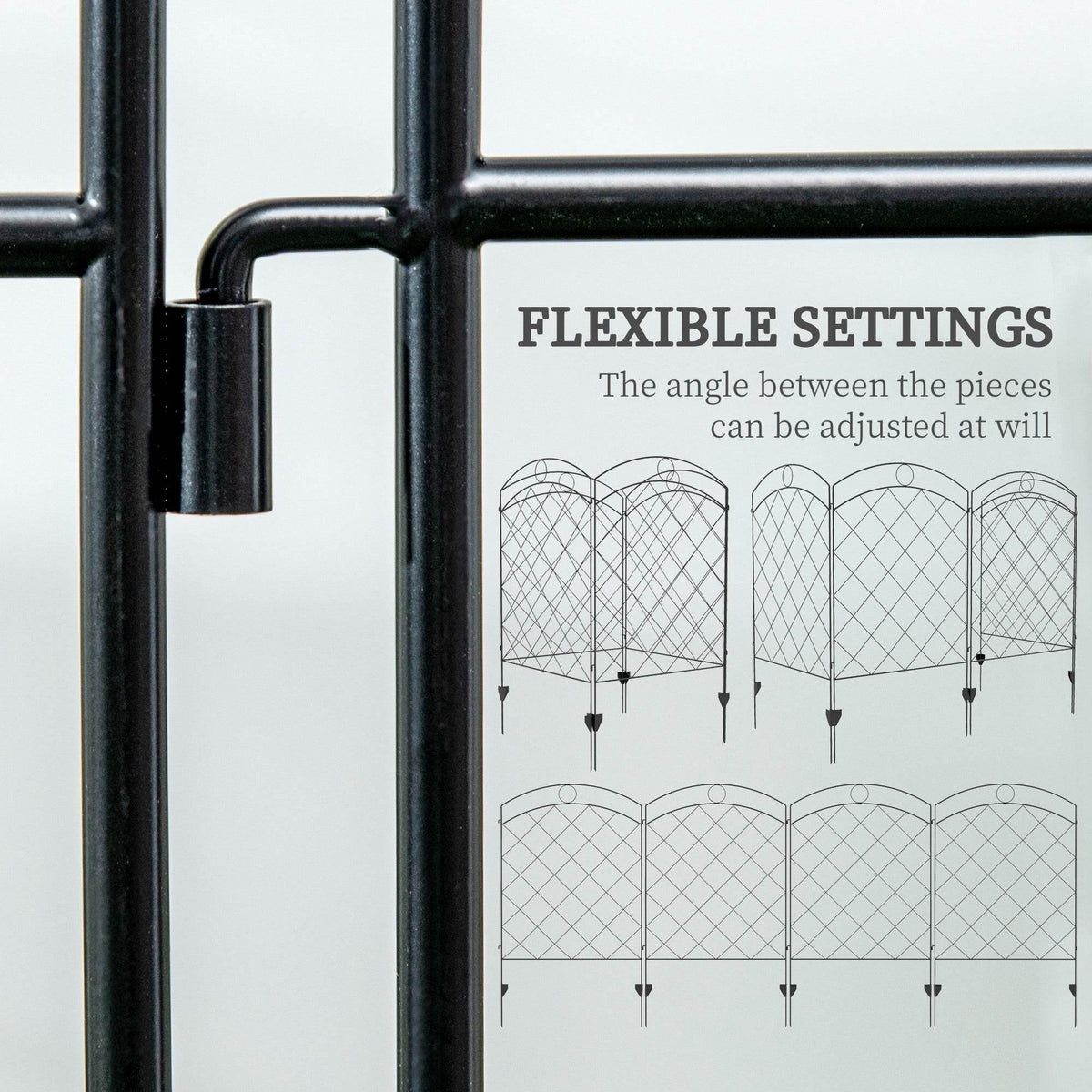 Adjustable steel fence corner with curved posts and diamond-lattice infill.