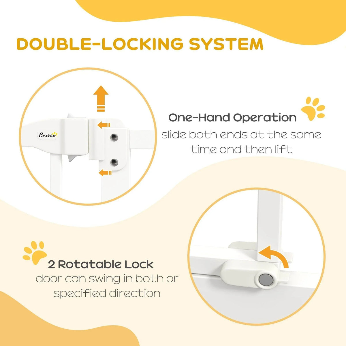 White metal pet gate with double-lock hinge hardware and one-hand operation