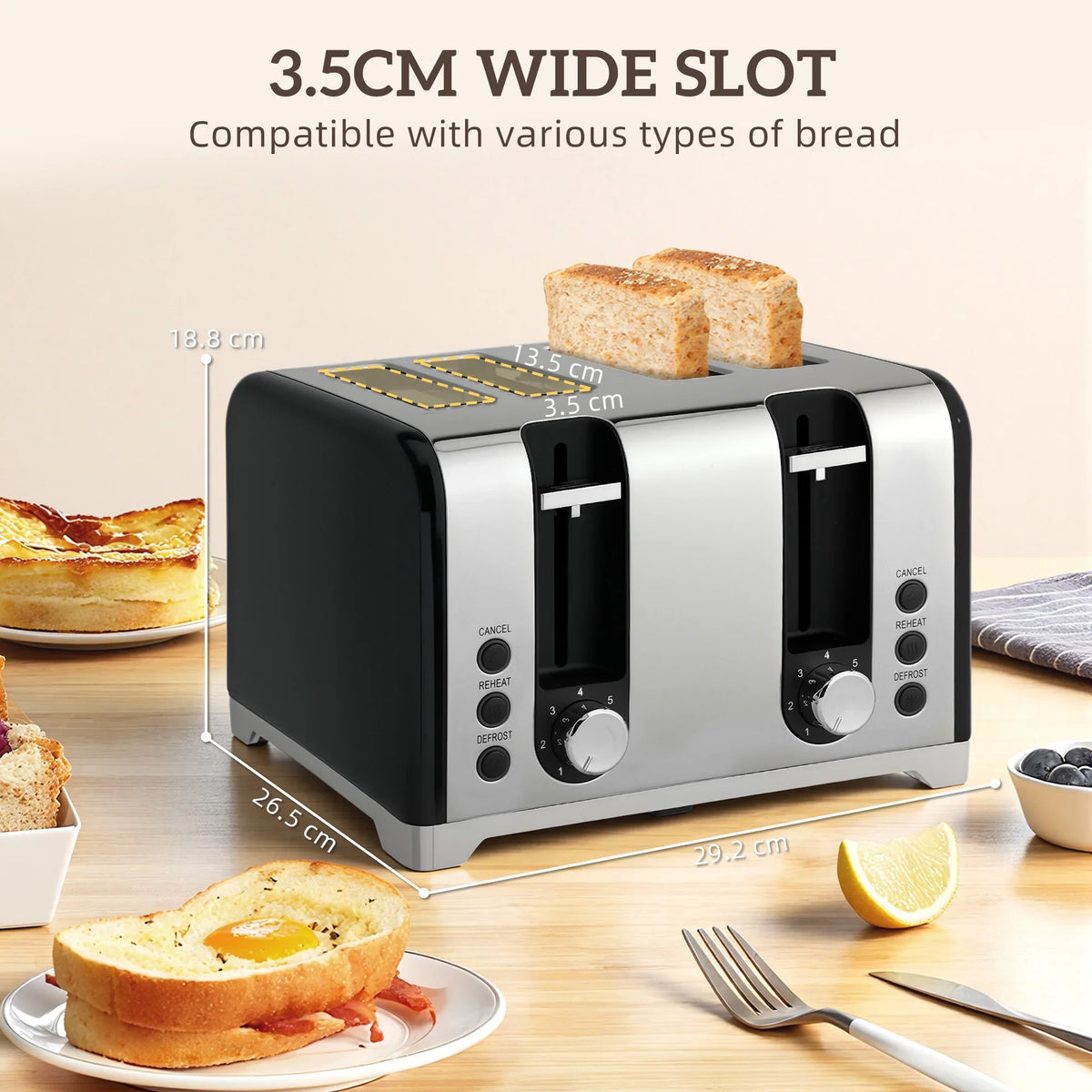 Two-slice black toaster with wide bread slots and front control dial