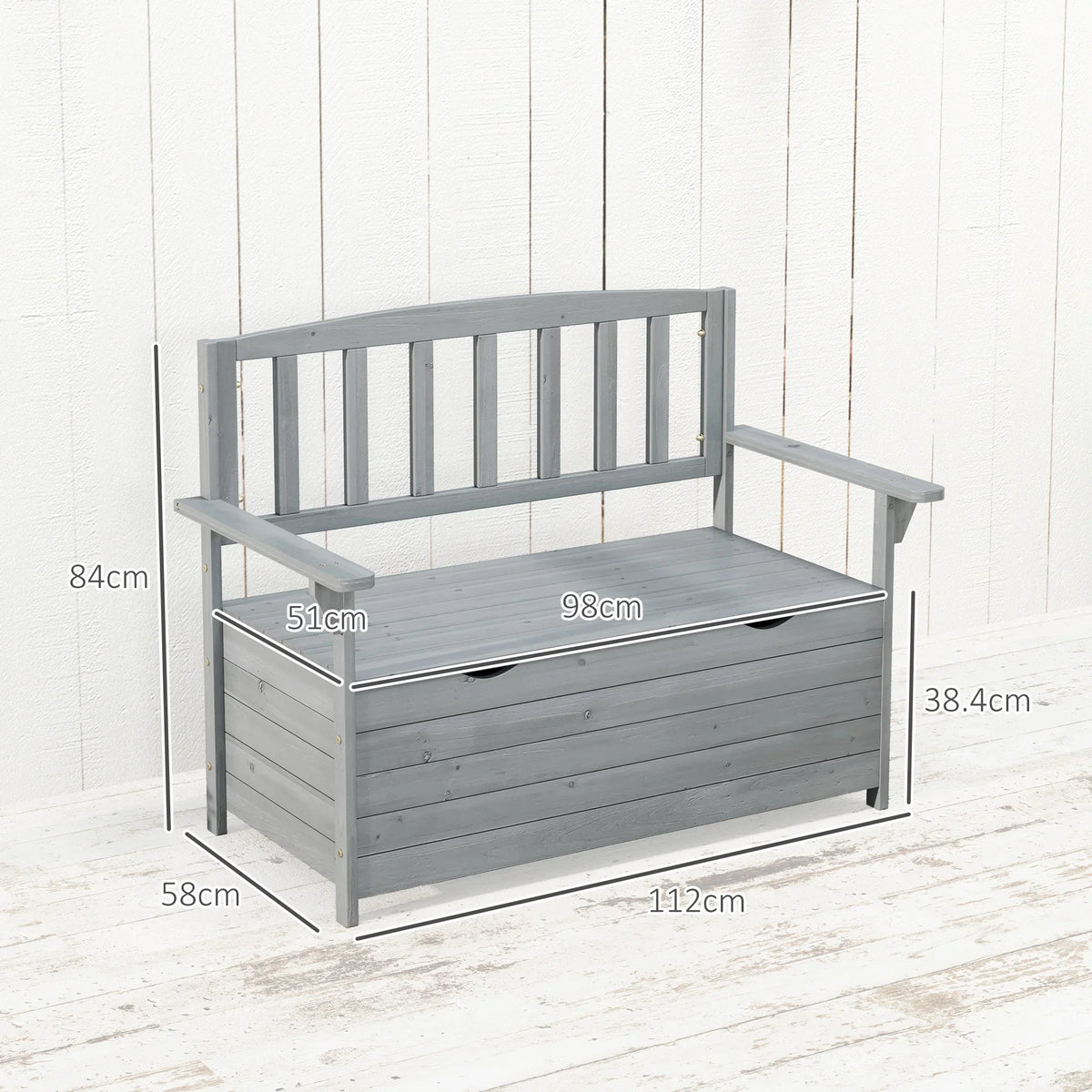 Two-seat garden storage bench, grey fir wood with slatted back and armrests