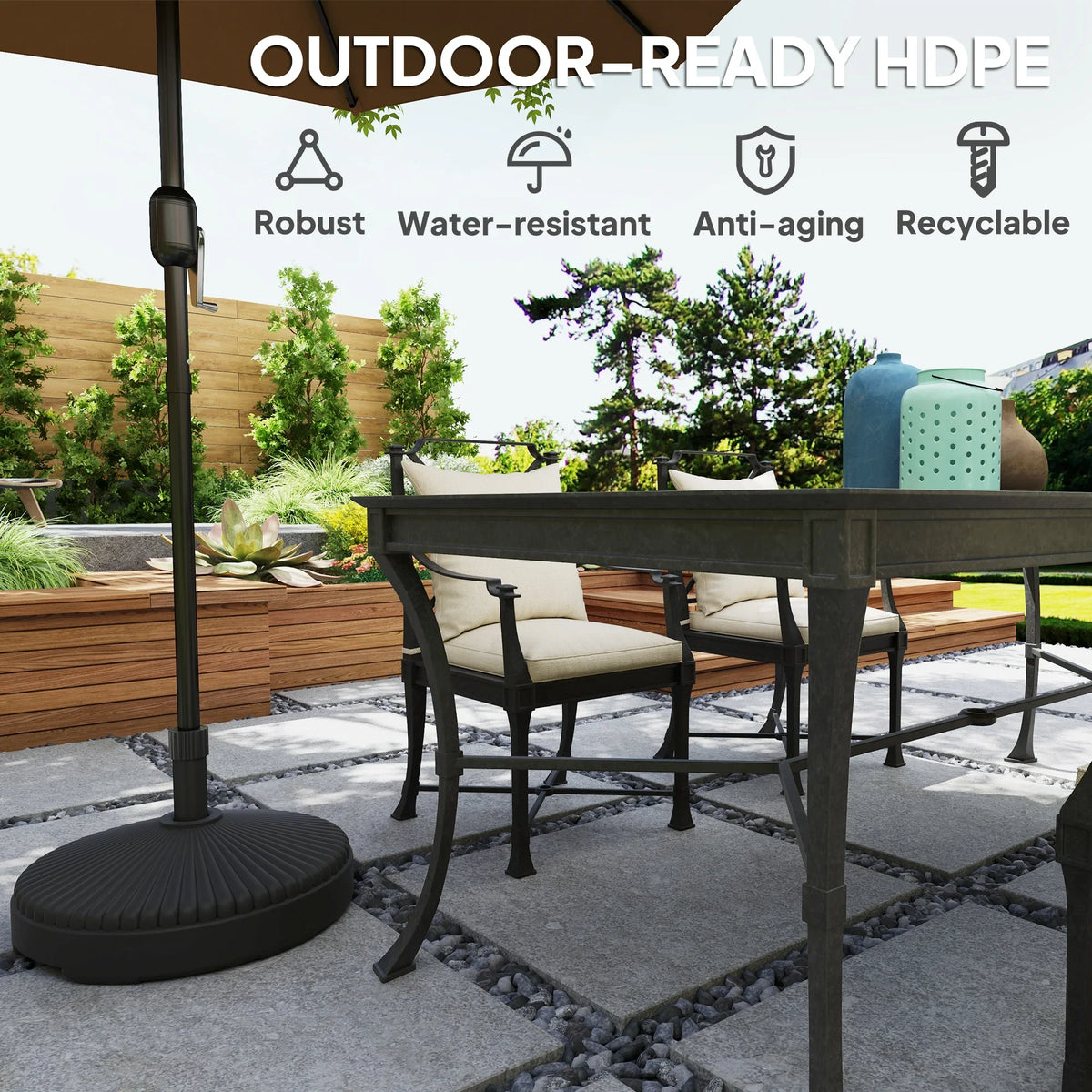 Black parasol base holder with upright pole and ribbed round base