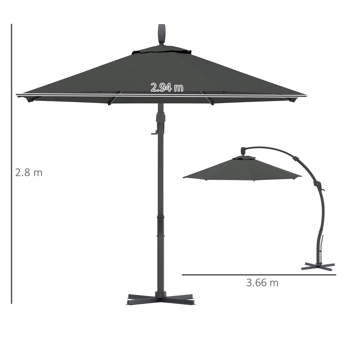 Grey cantilever patio umbrella with crank handle and cross base, full cover open