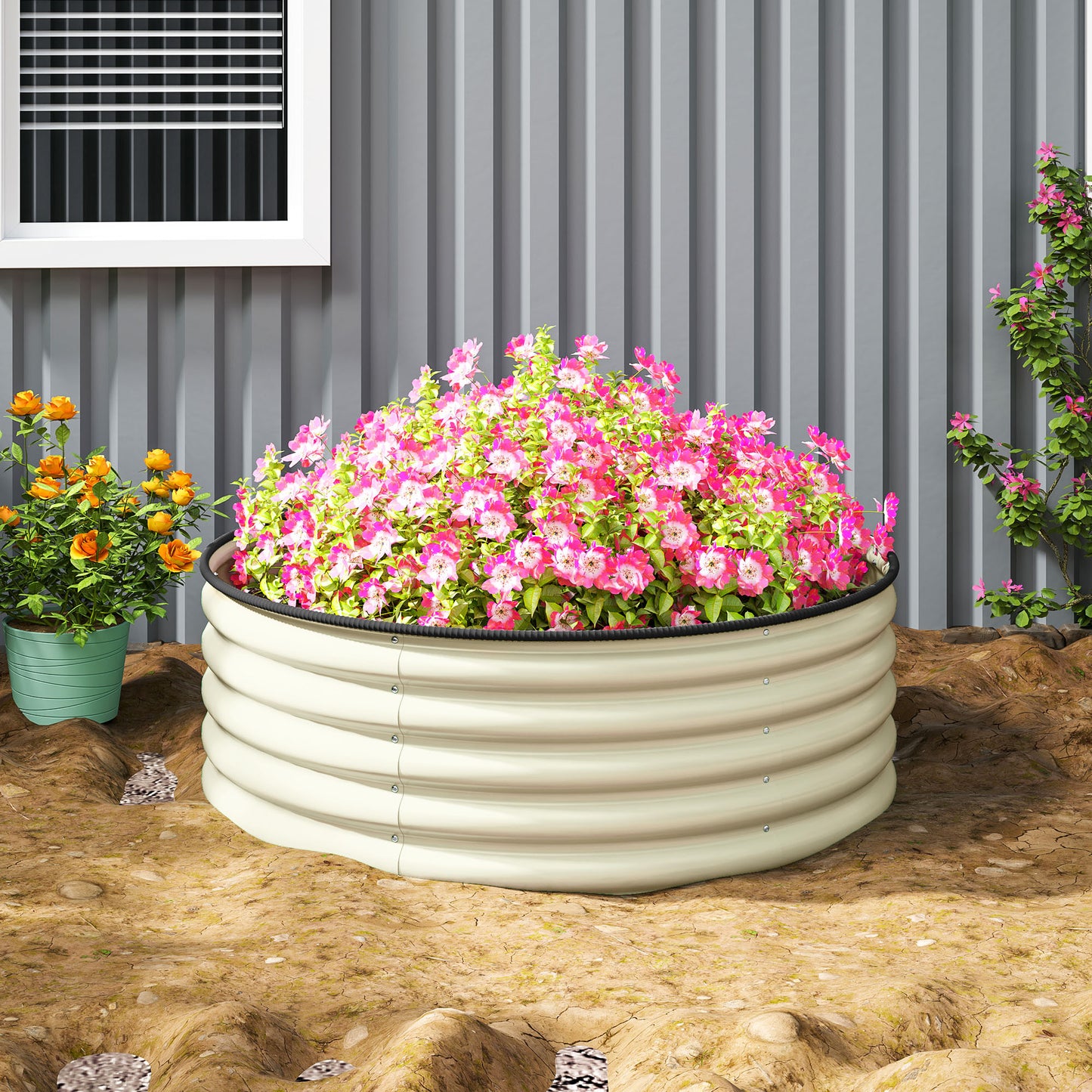 Outsunny Galvanised Raised Garden Bed With Safety Edging Outdoor Planter Box With Gloves 120 x 120 x 43cm Cream White