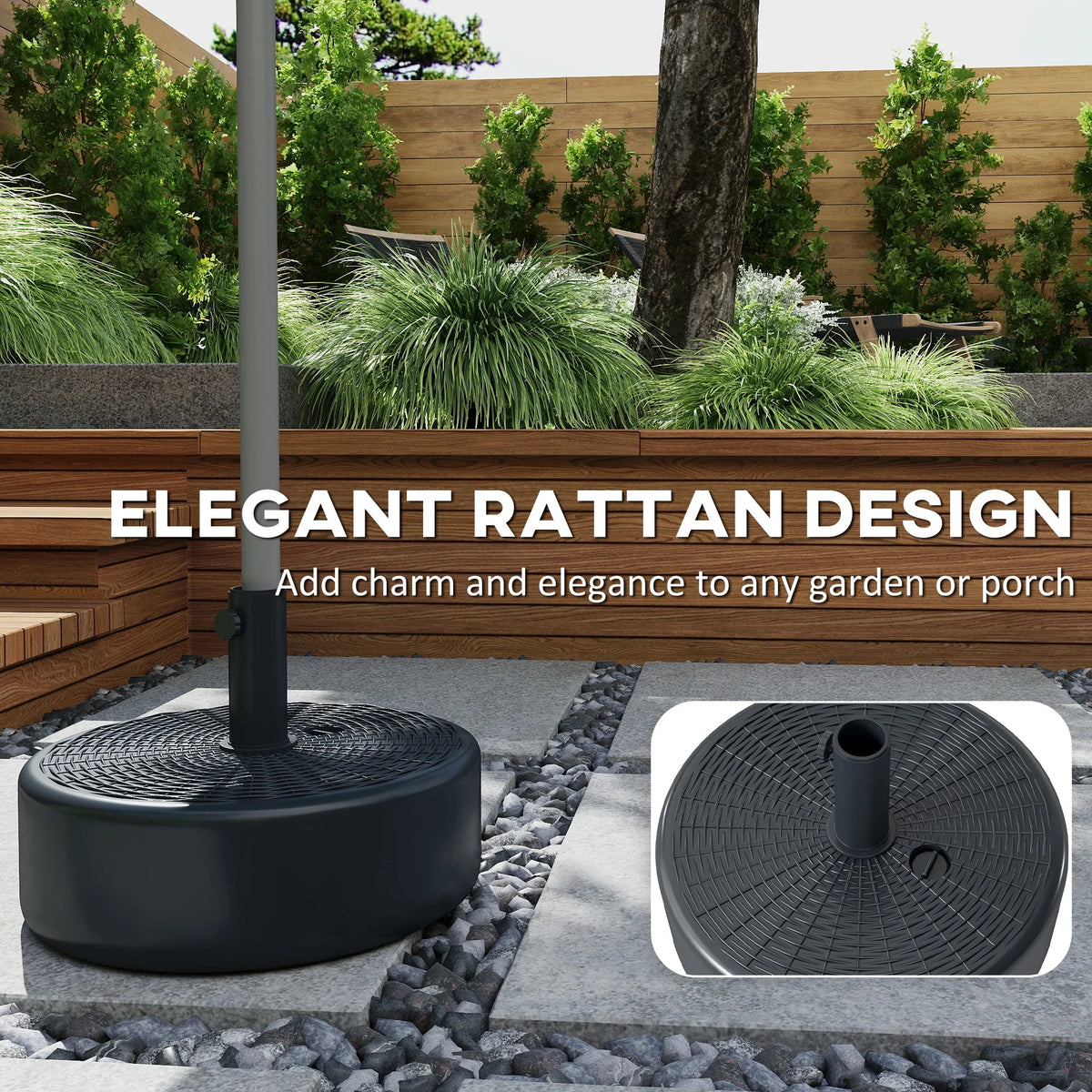 Black patio umbrella base with woven-style textured top and upright pole