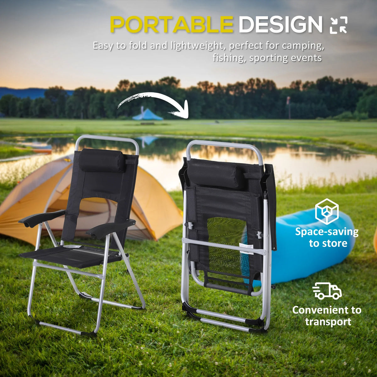 Folding camping chair set with black padded seats and carry bag beside camp tent