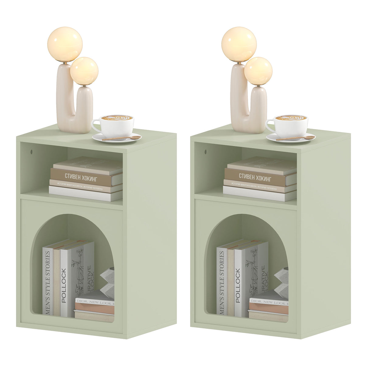 Pair of green bedside tables with open shelf and arched front compartment, set of 2.