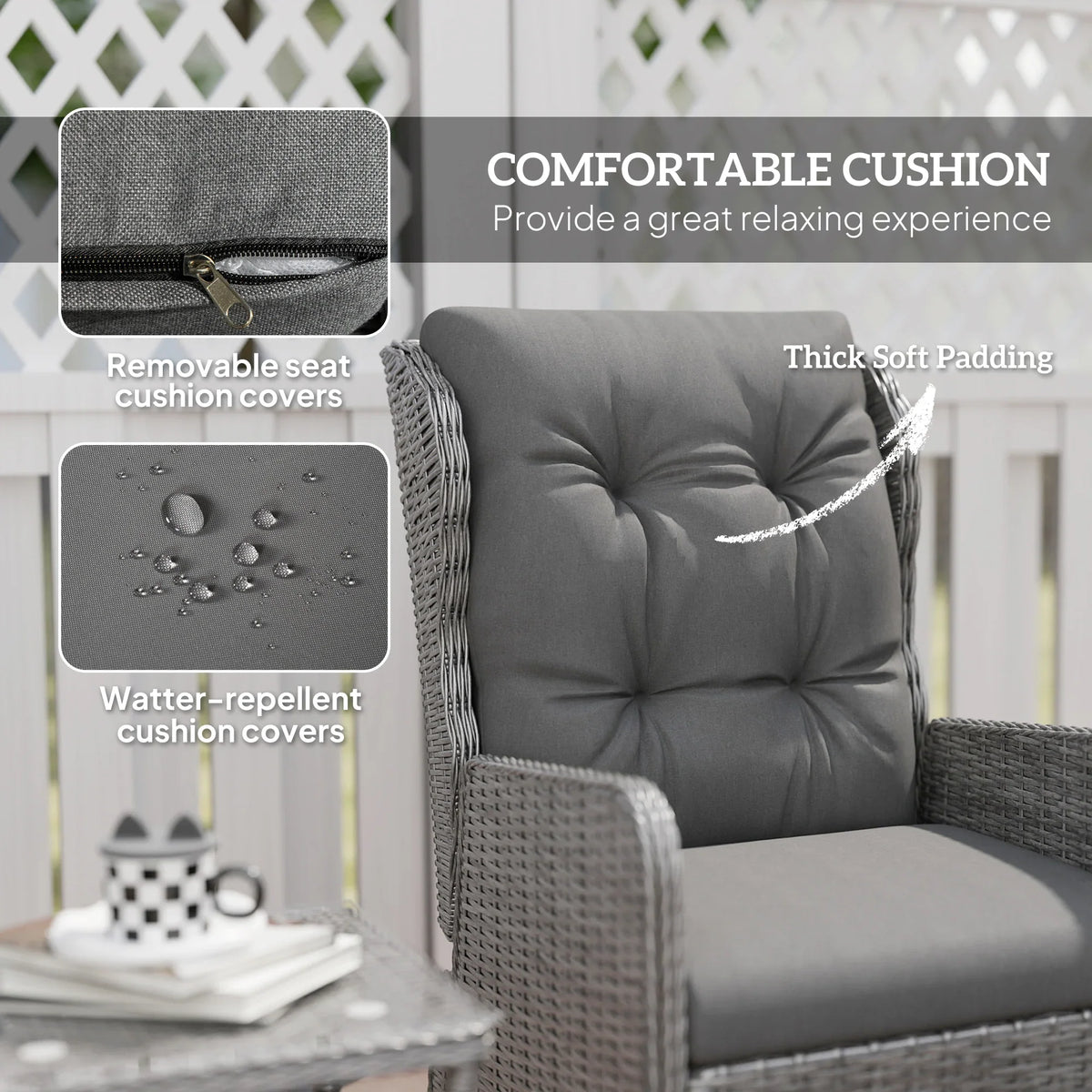 Grey reclining chair cushion with tufted backrest and padded seat