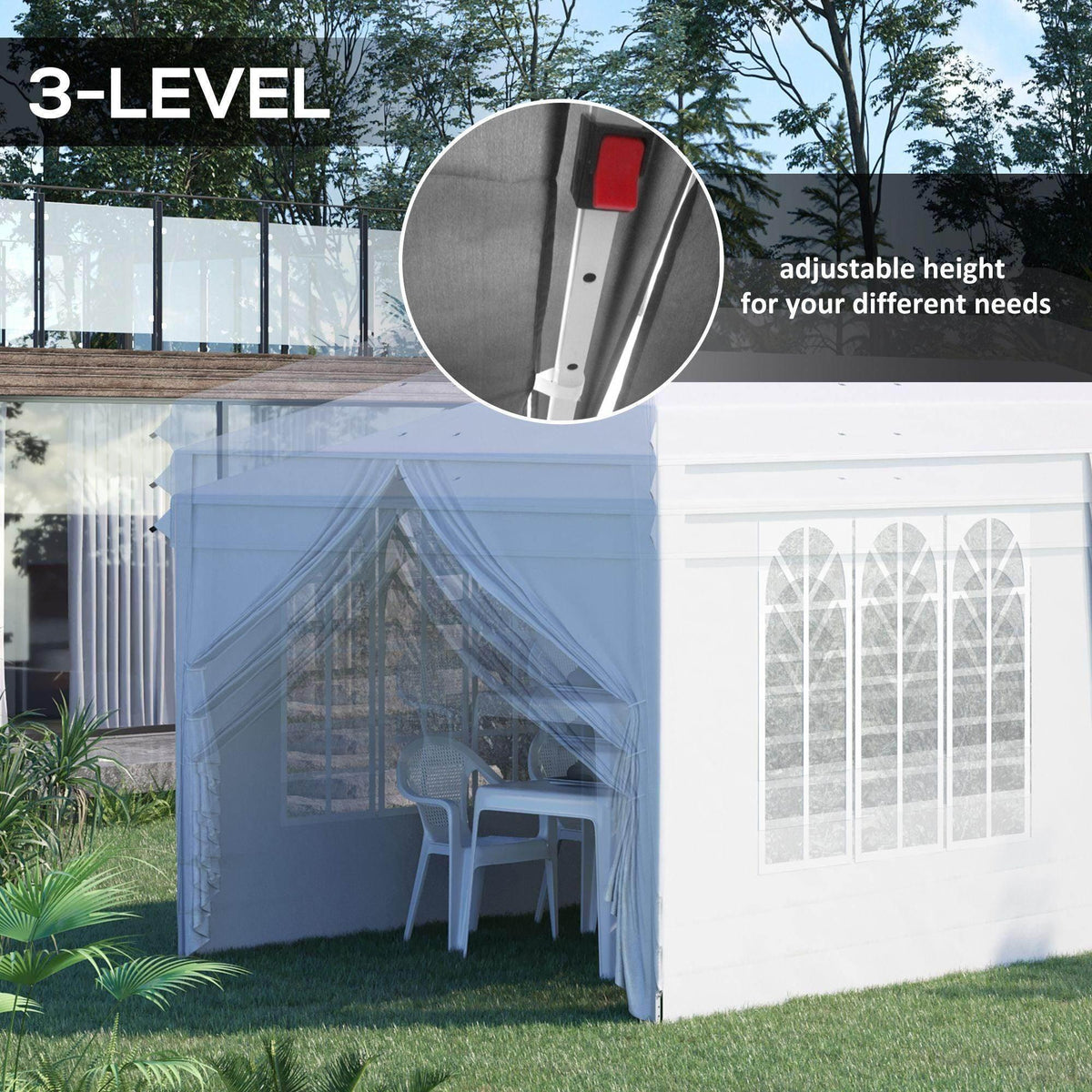White pop-up gazebo tent with adjustable height legs and window panels