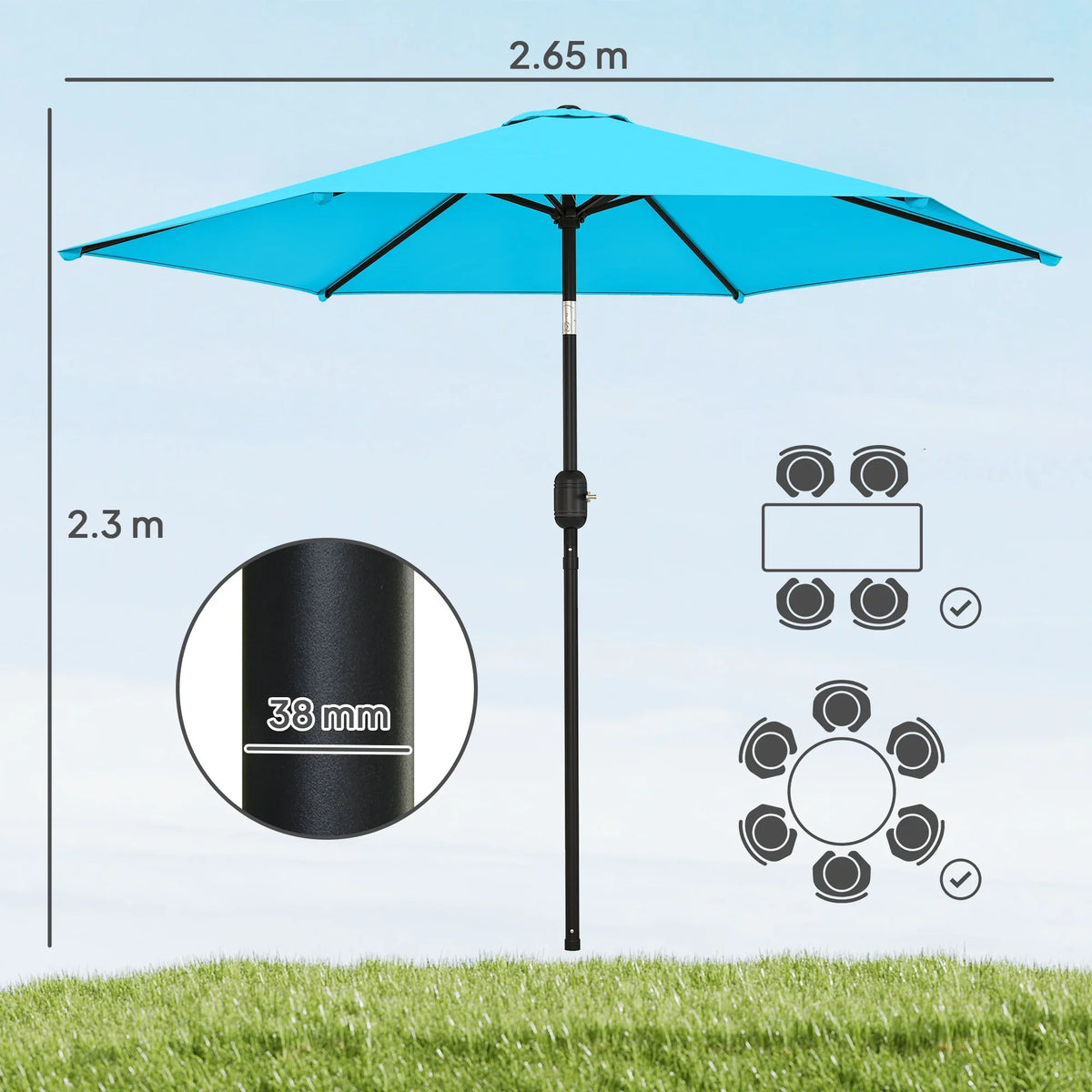 Blue outdoor umbrella canopy with central pole, crank lift, and tilt mechanism