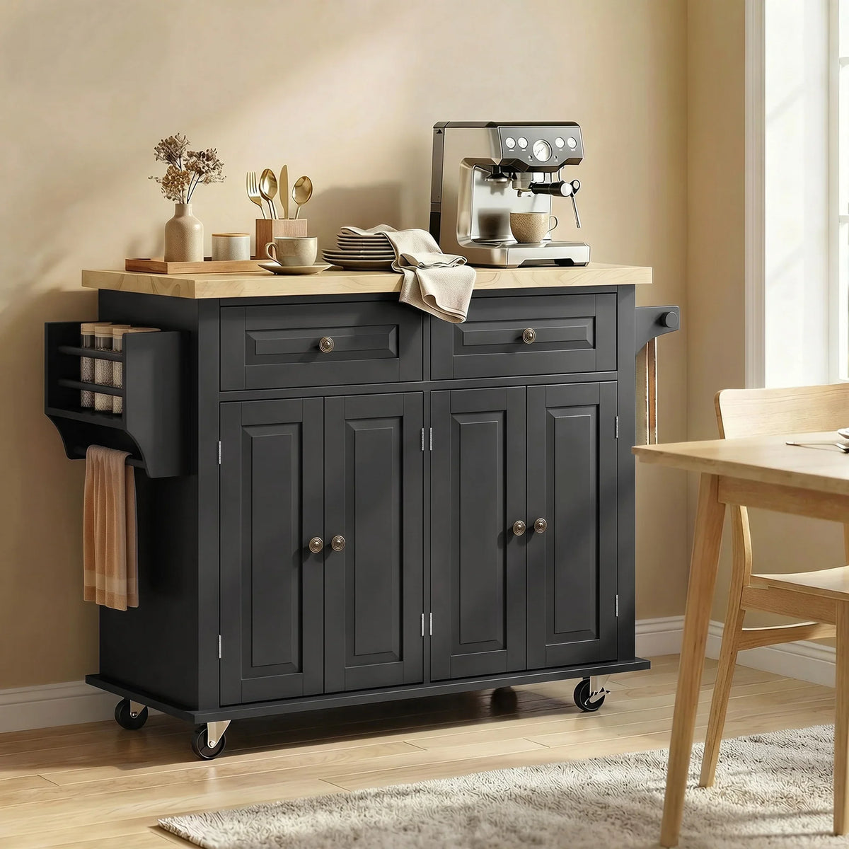Black rolling kitchen island cart with rubberwood top, drawers, and cabinet doors on wheels