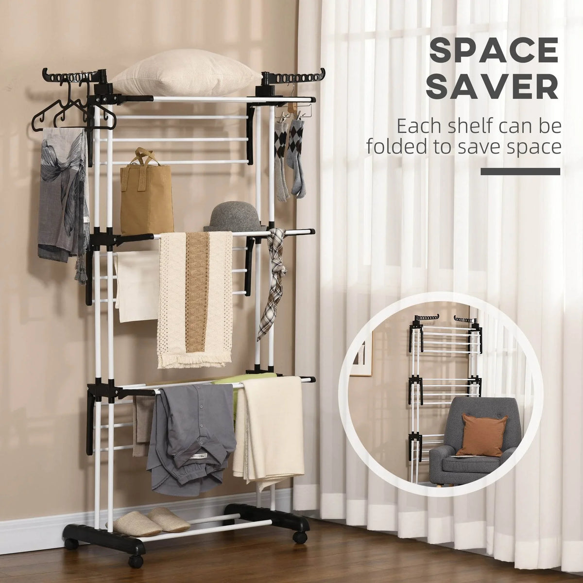 Black foldable laundry drying rack with multiple shelves and hanging bars