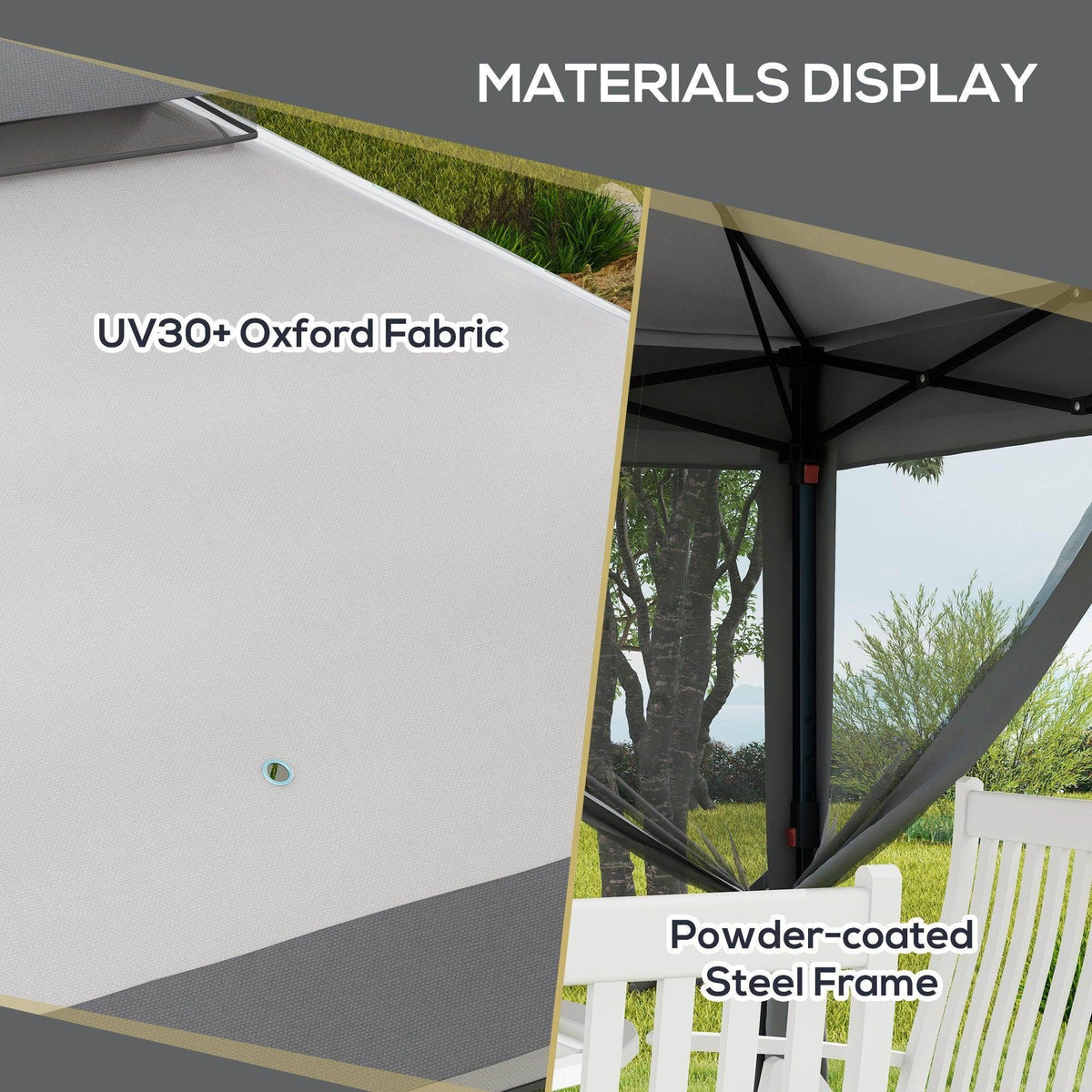 Gazebo materials: UV-resistant Oxford fabric canopy and powder-coated steel frame
