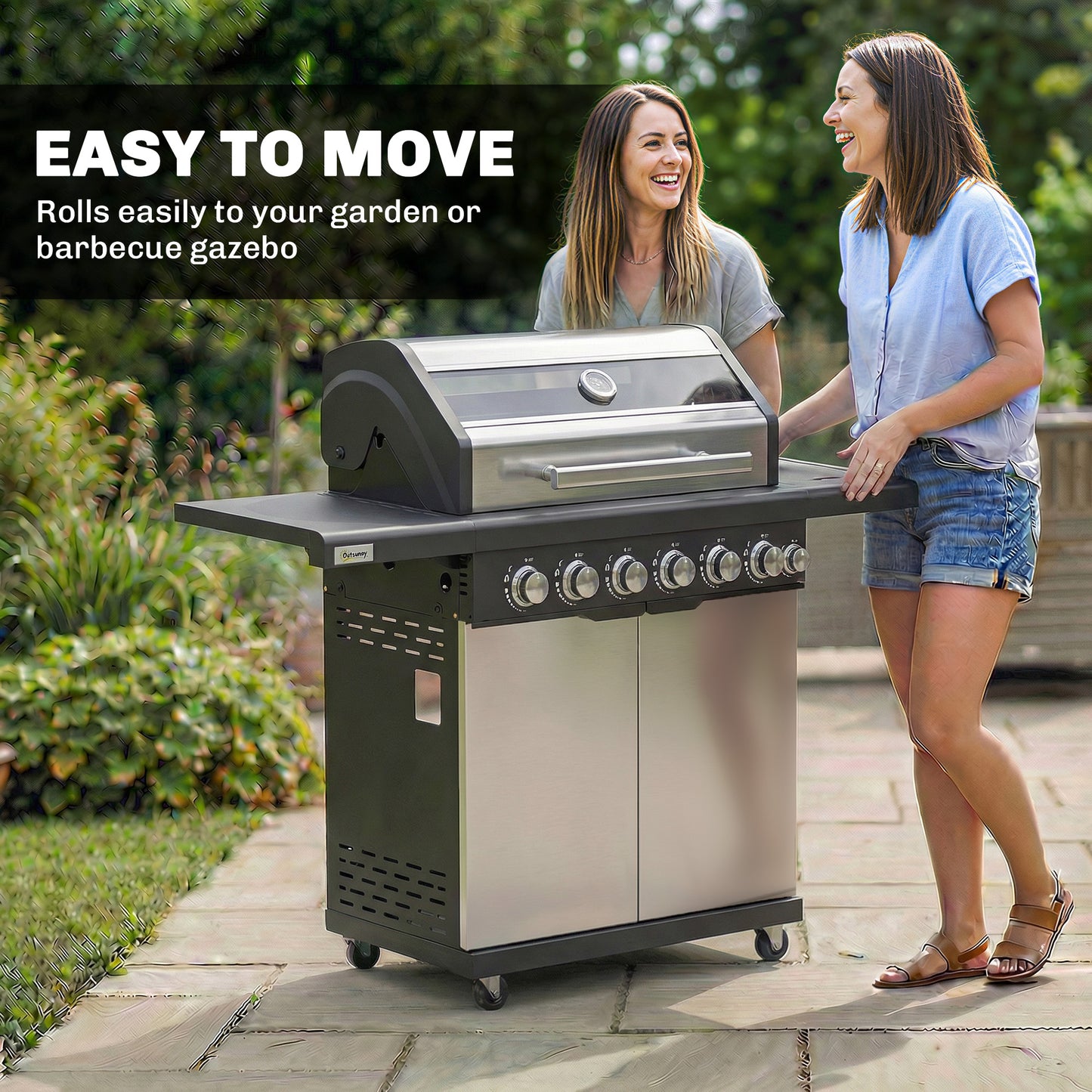 Outsunny Six Plus One Burner Gas BBQ Grill Outdoor Trolley With Wheels Warming Rack Thermometer Bottle Opener Silver