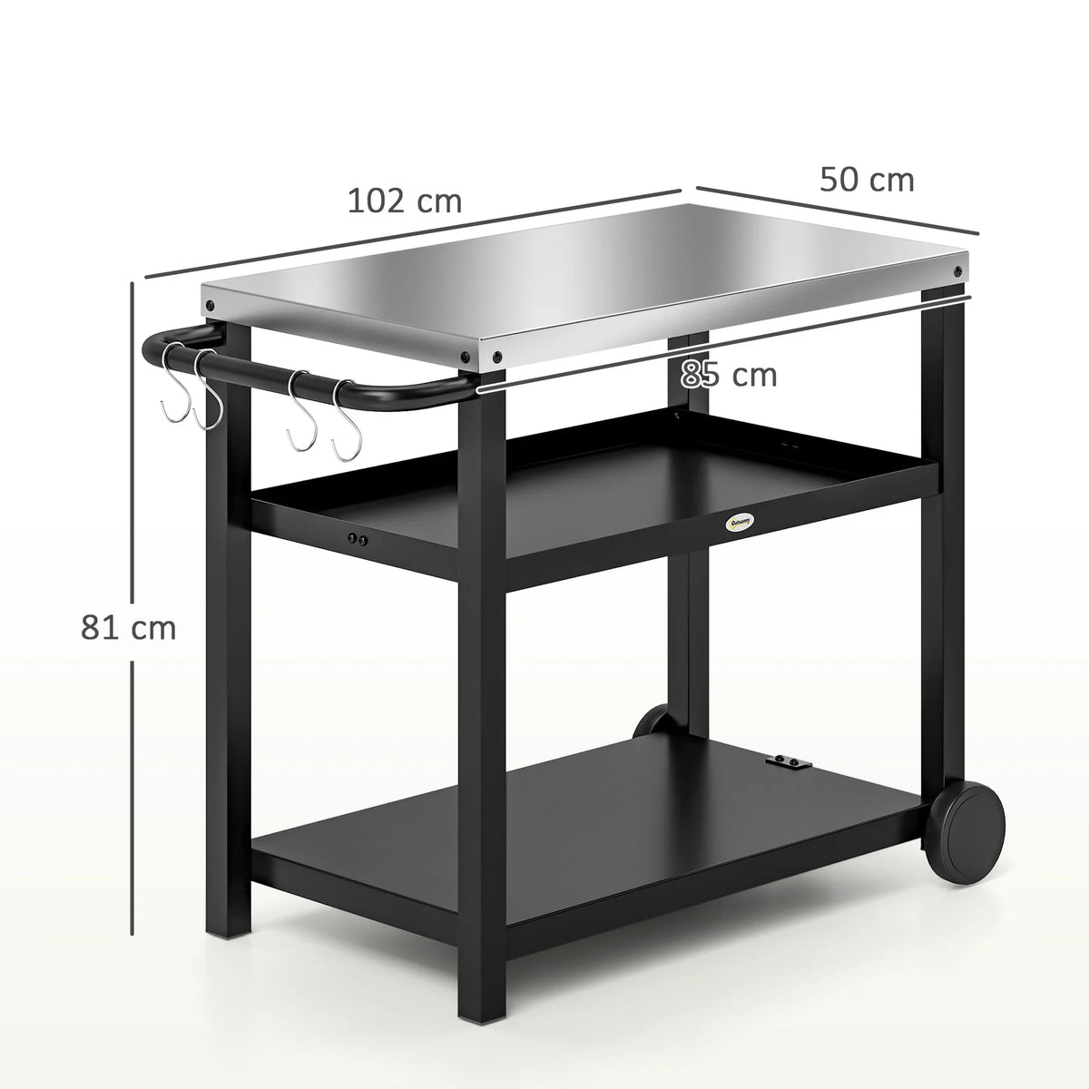 Outdoor grill cart with stainless steel tabletop, two lower shelves, and caster wheels.