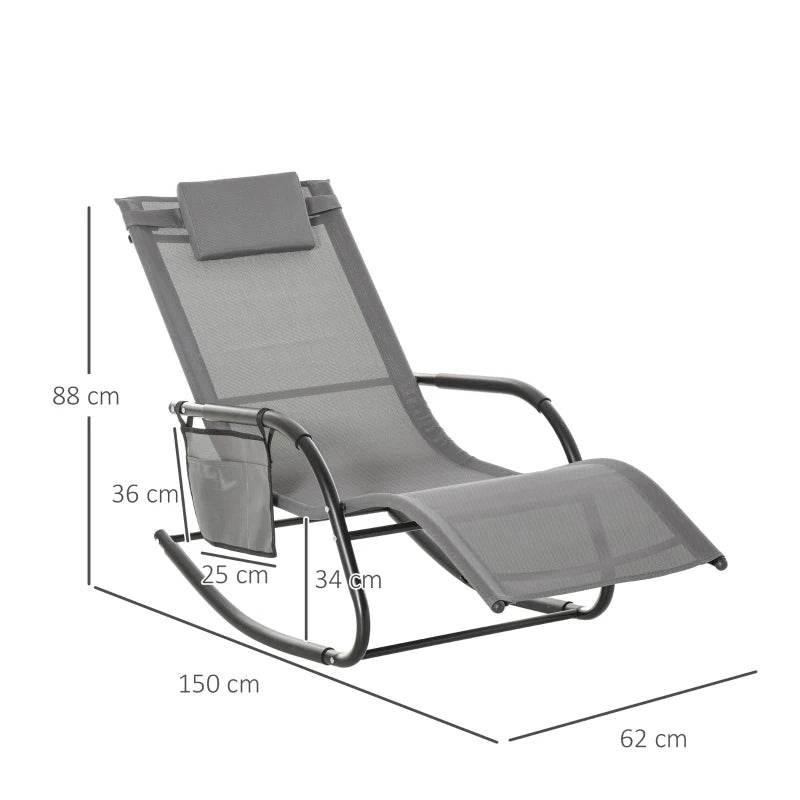 Grey rocking sun lounger with removable headrest pillow, armrests, and mesh back