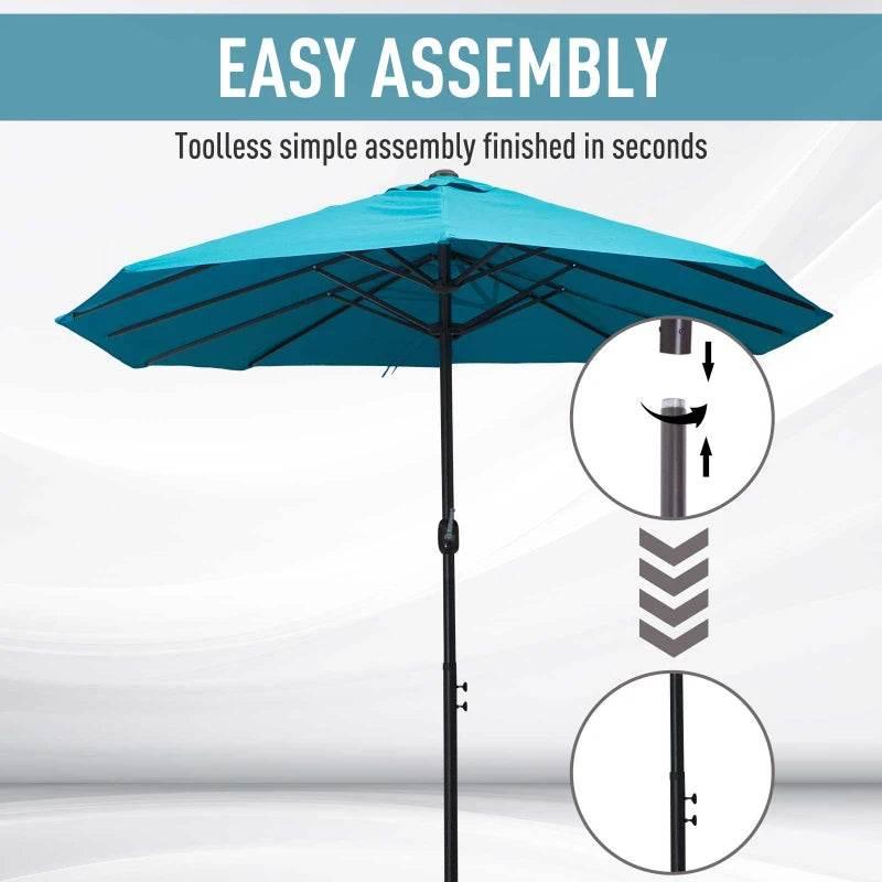 Teal-blue double-sided patio parasol with center pole and rib support