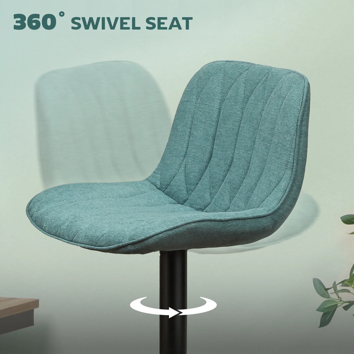 Teal 360° swivel bar stool with ribbed padded seat, curved back, black pedestal