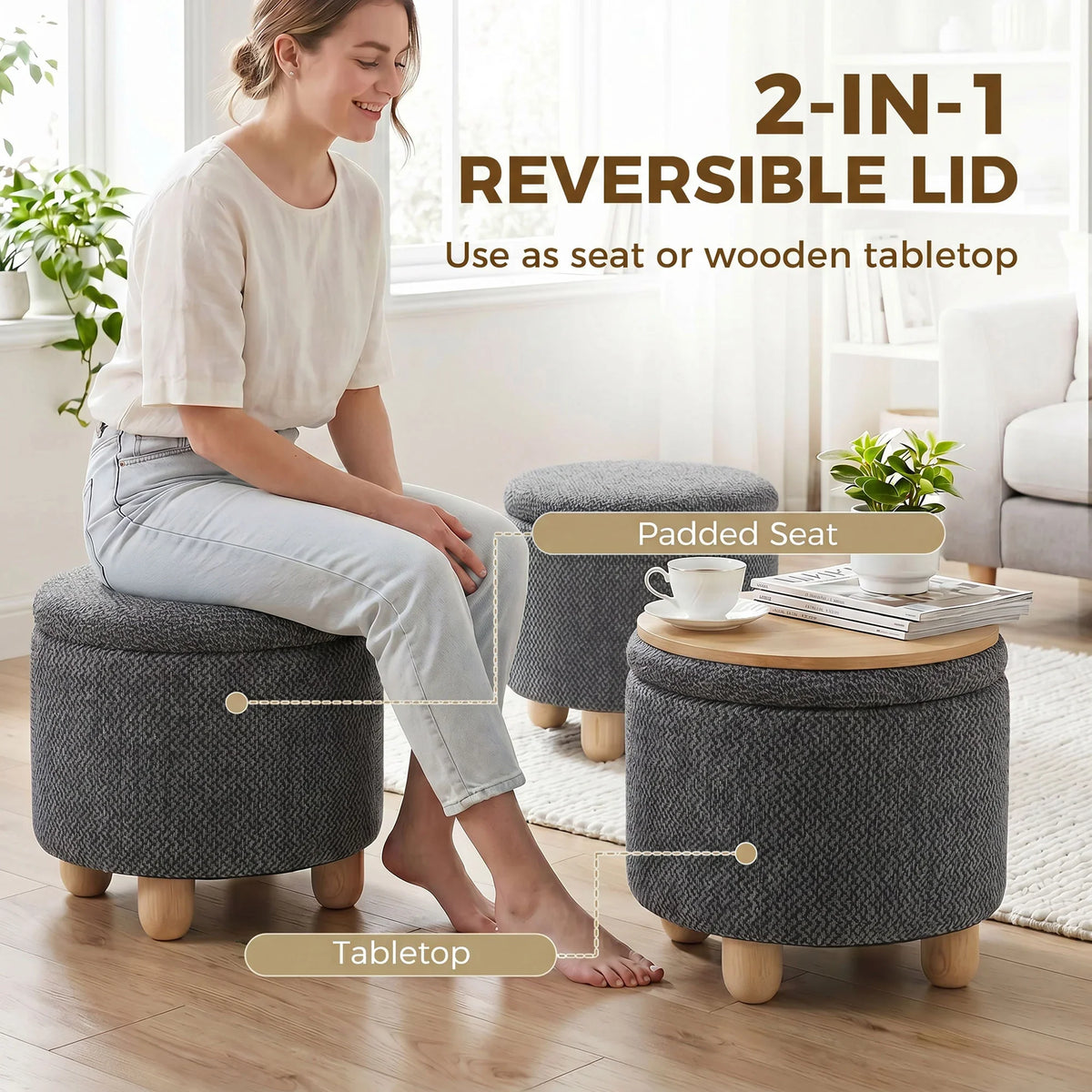 Dark grey round storage ottoman with hinged lid and padded seat for seating or tabletop