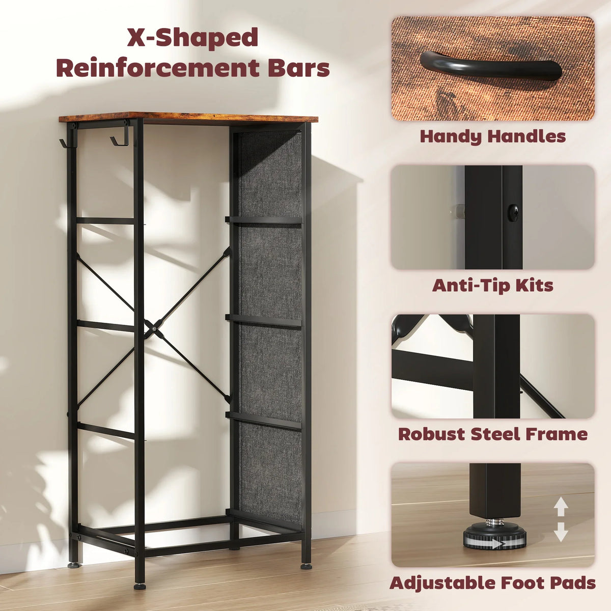 Rustic fabric drawer cabinet with X-shaped steel support bars and sturdy frame with adjustable feet