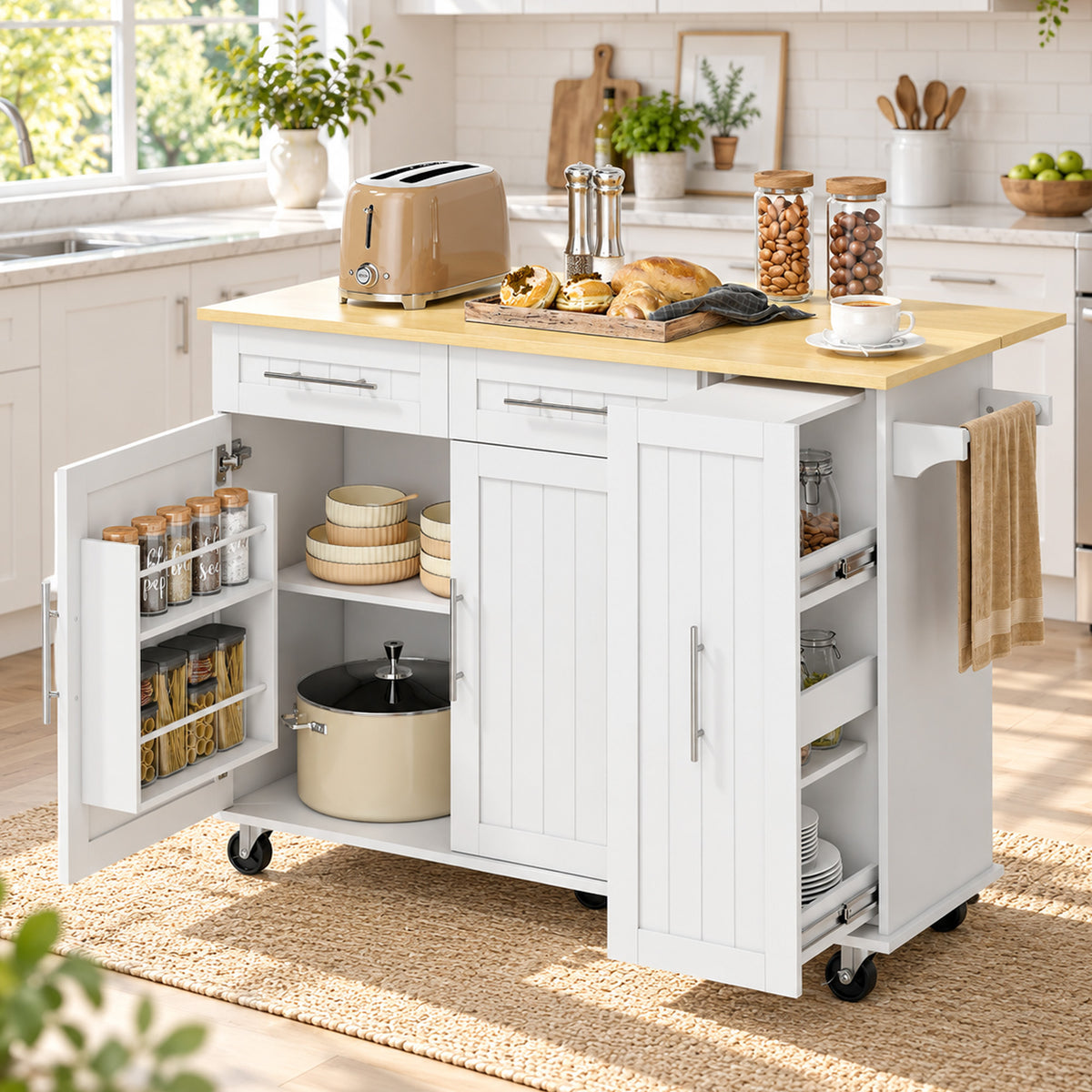 White rolling kitchen island cart with open shelves, pantry storage, and hanging towel rack