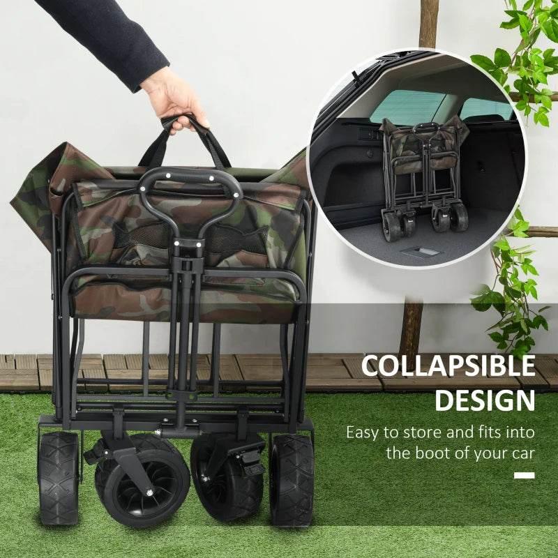 Camouflage folding garden trolley with black frame, shown compact for storage