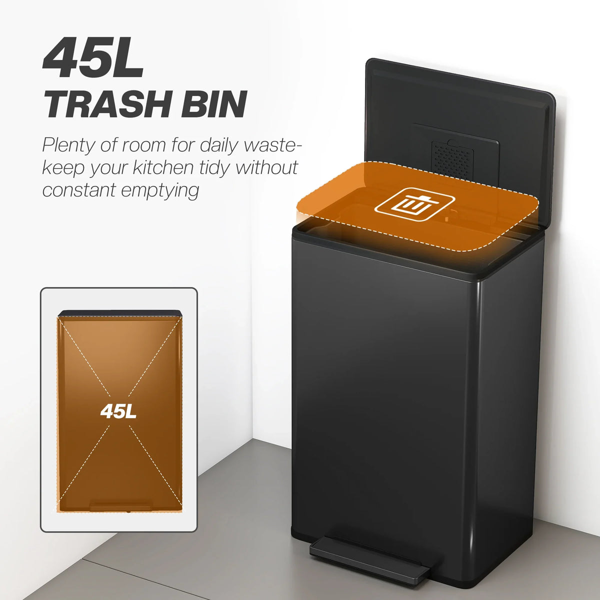 Black 45L pedal trash bin with lid open and step pedal at the base.