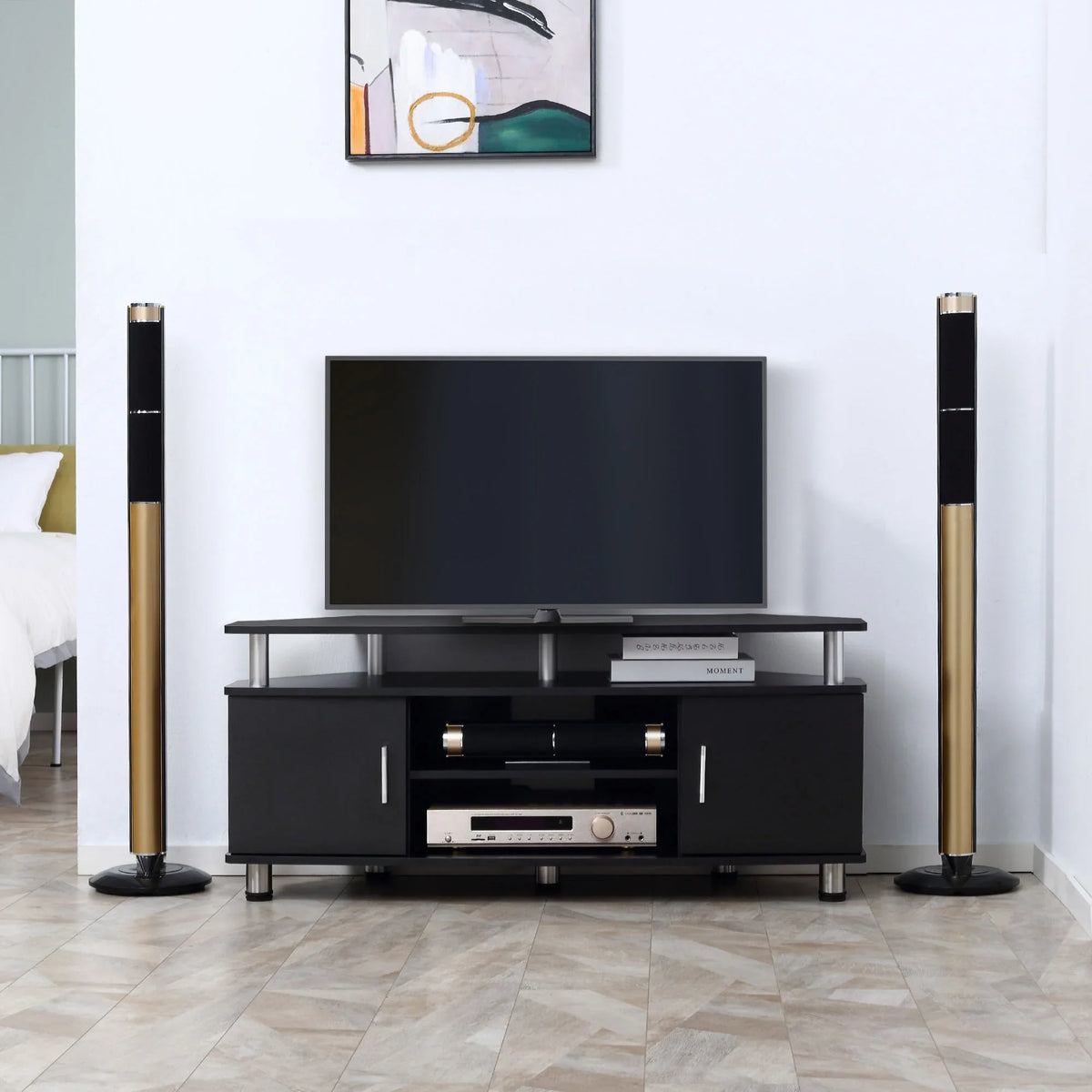 Black TV unit cabinet with two storage doors and open center shelf under flat TV
