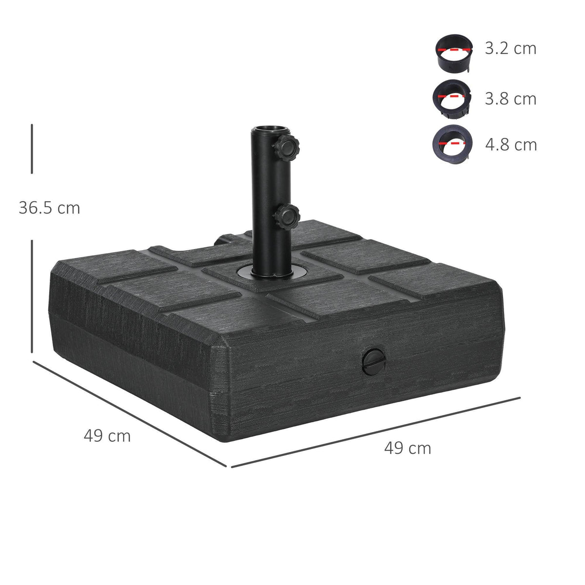 Black square umbrella base with wood-effect texture, two pole sockets, 49 cm