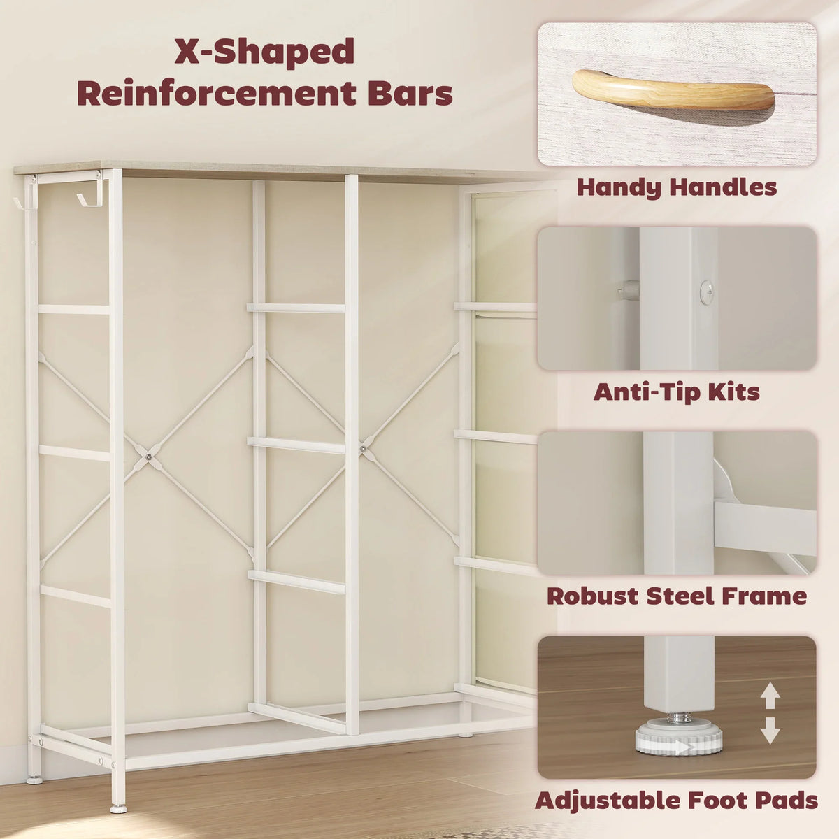 Reinforced fabric drawer cabinet with X-shaped bars, handy handles and anti-tip kits diagram