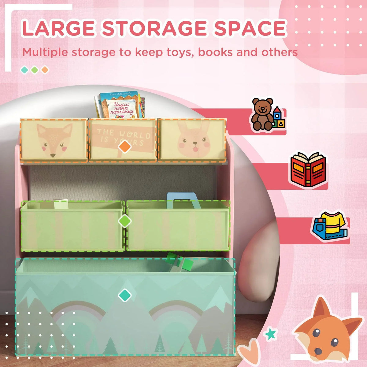 Pink storage shelf with six fabric bins and animal-face drawer panels