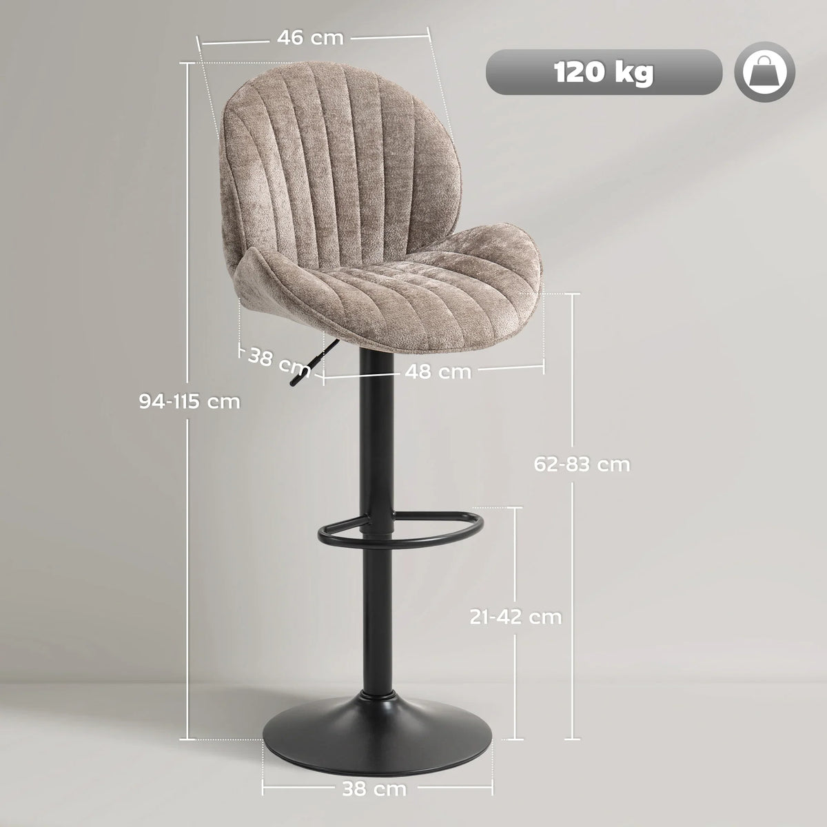 Brown bar stool with cushioned back and seat, black gas lift, and round footrest
