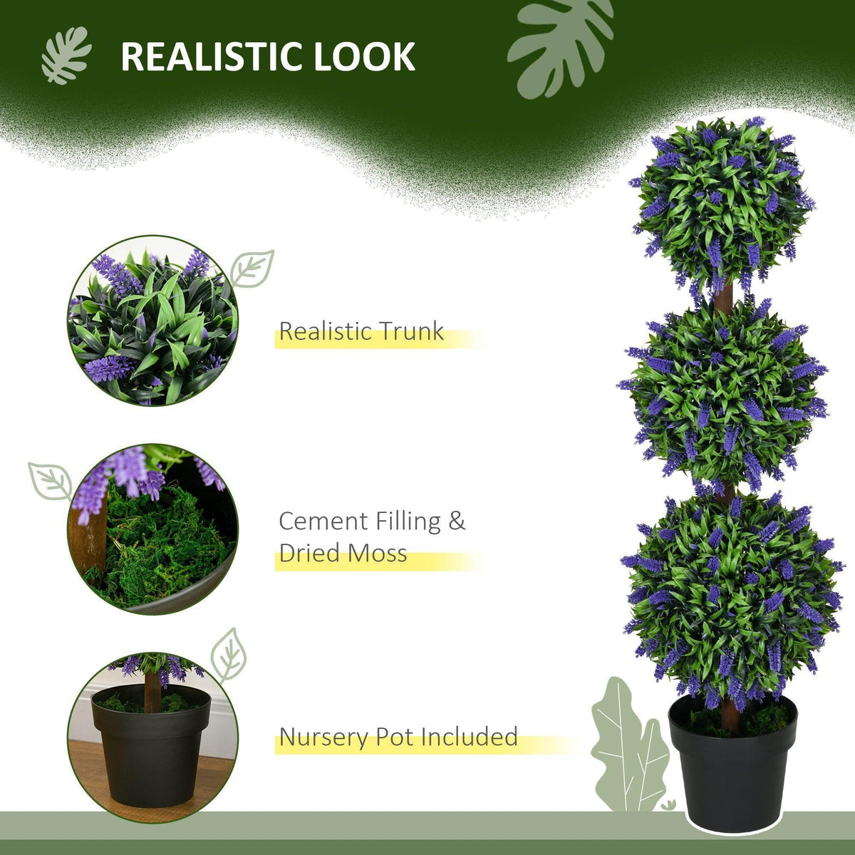Artificial potted ball tree with purple lavender-style blossoms and green leaves, black pot