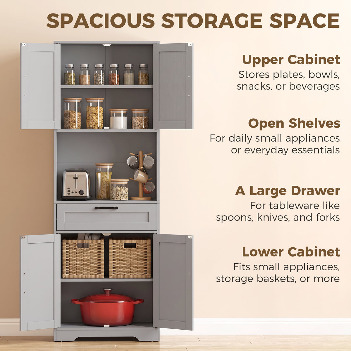 Kitchen pantry cabinet with upper cabinet storage, open shelves, and large drawer