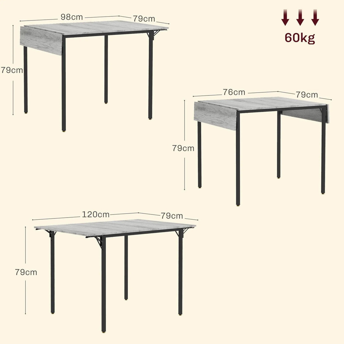Grey drop-leaf folding table with size diagrams and black metal legs