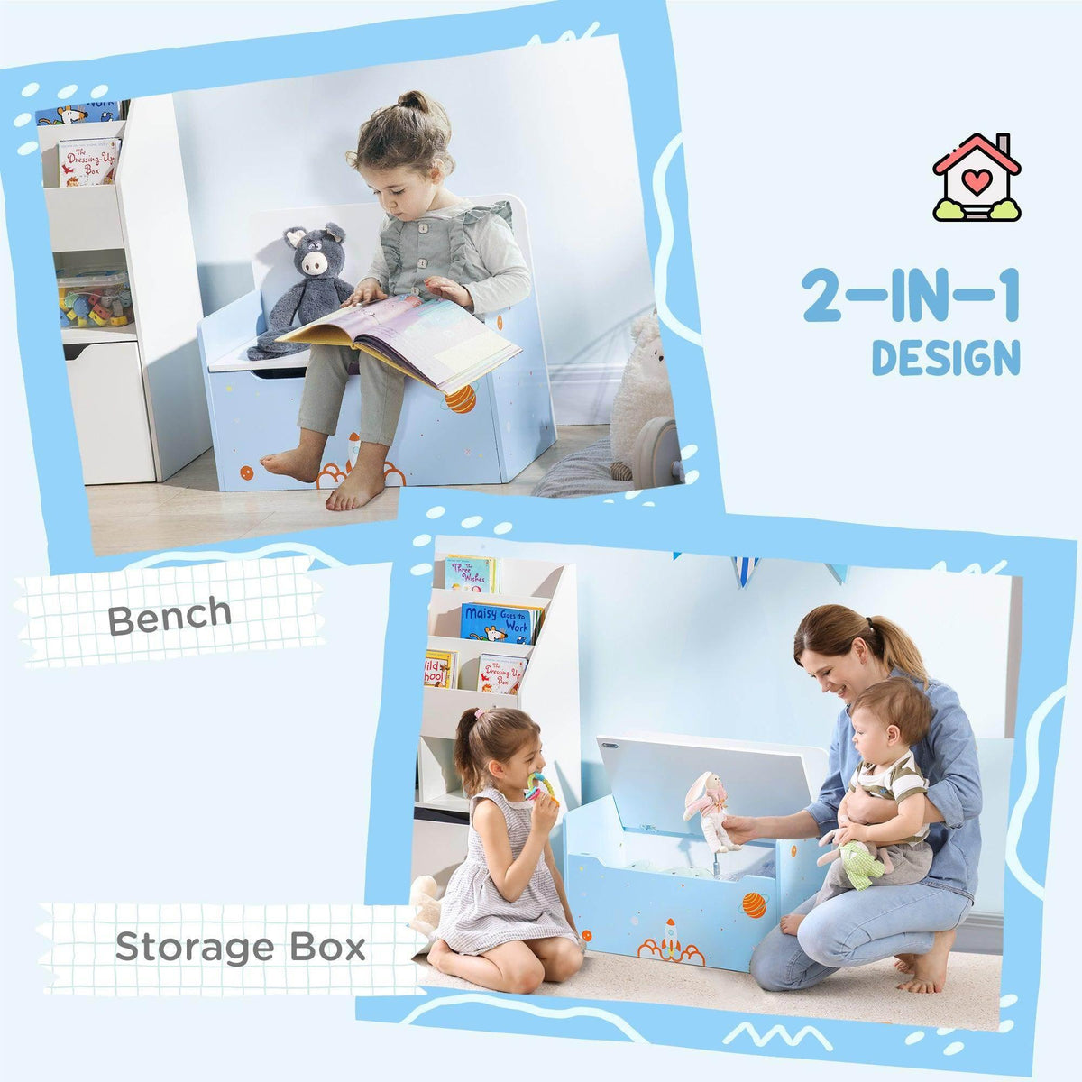 Kids blue bed with built-in storage box and bench-style base for reading