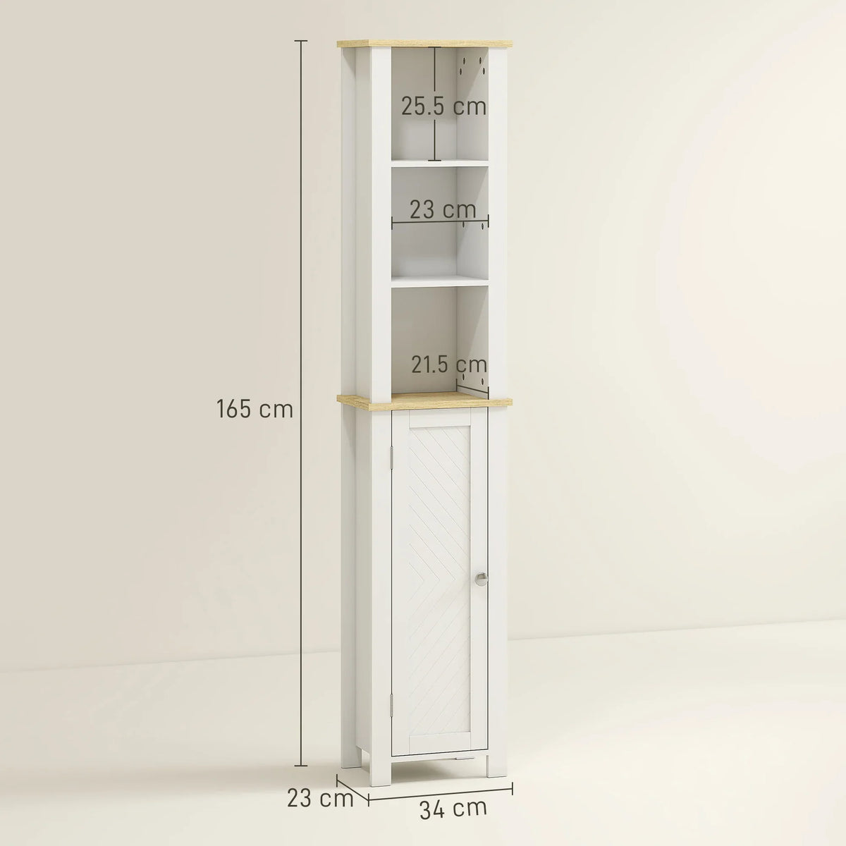 White slim cabinet with three open shelves and single door base, 165 x 34 x 23 cm