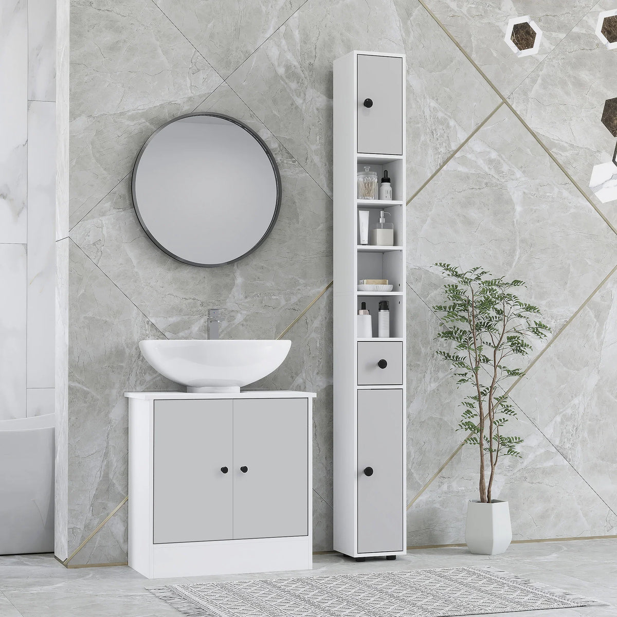 Light grey slim bathroom cabinet with doors, drawer, and vertical open shelving
