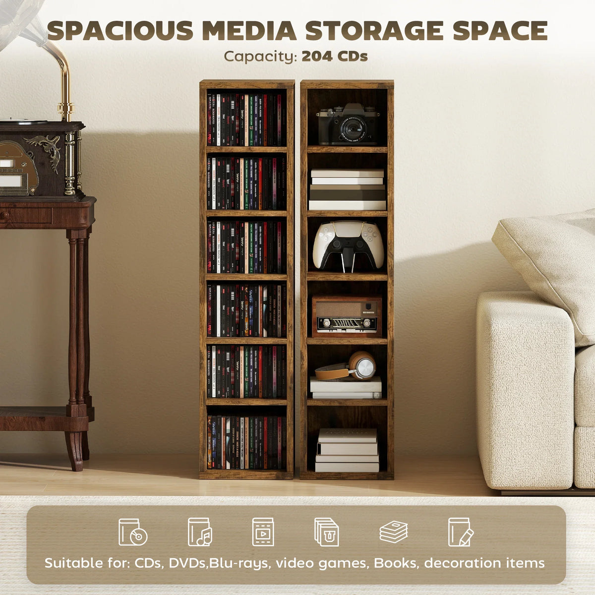 Rustic media storage tower with CD compartments and open side shelves