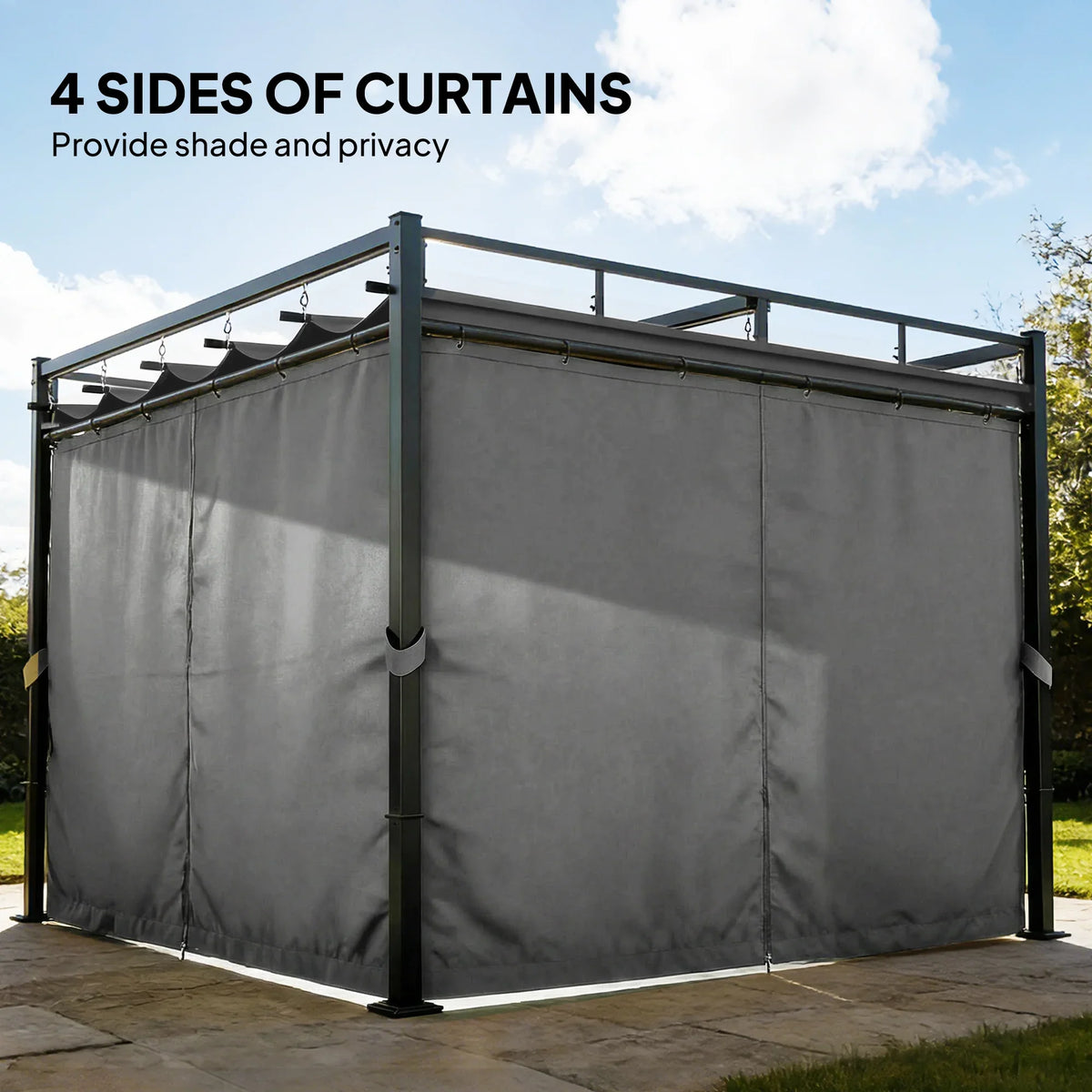 Outsunny dark grey pergola gazebo with full four-side curtain panels for privacy shade