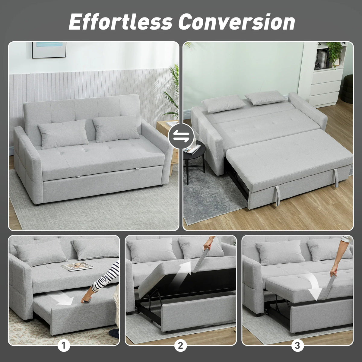 Light grey sofa bed convertible views showing sofa and bed configurations