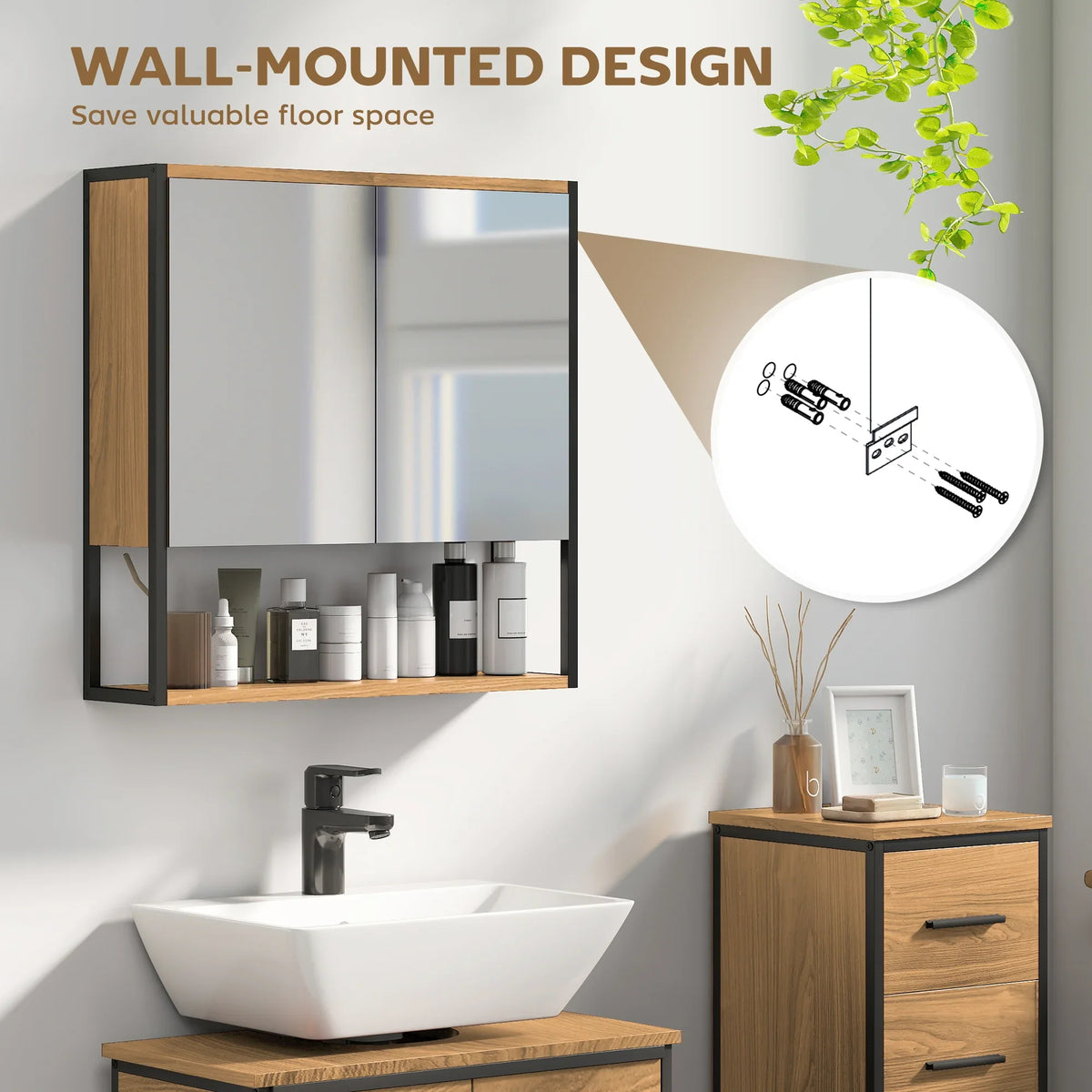 Wall-mounted bathroom mirror cabinet with natural wood frame and glass mirrored doors