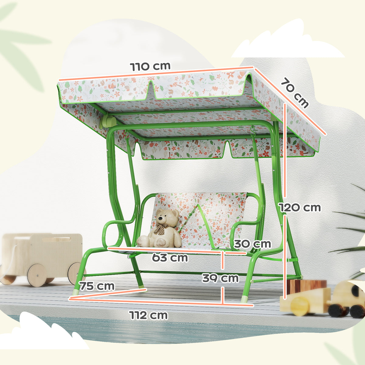 Green two-seat kids hammock swing bench with adjustable canopy, size diagram