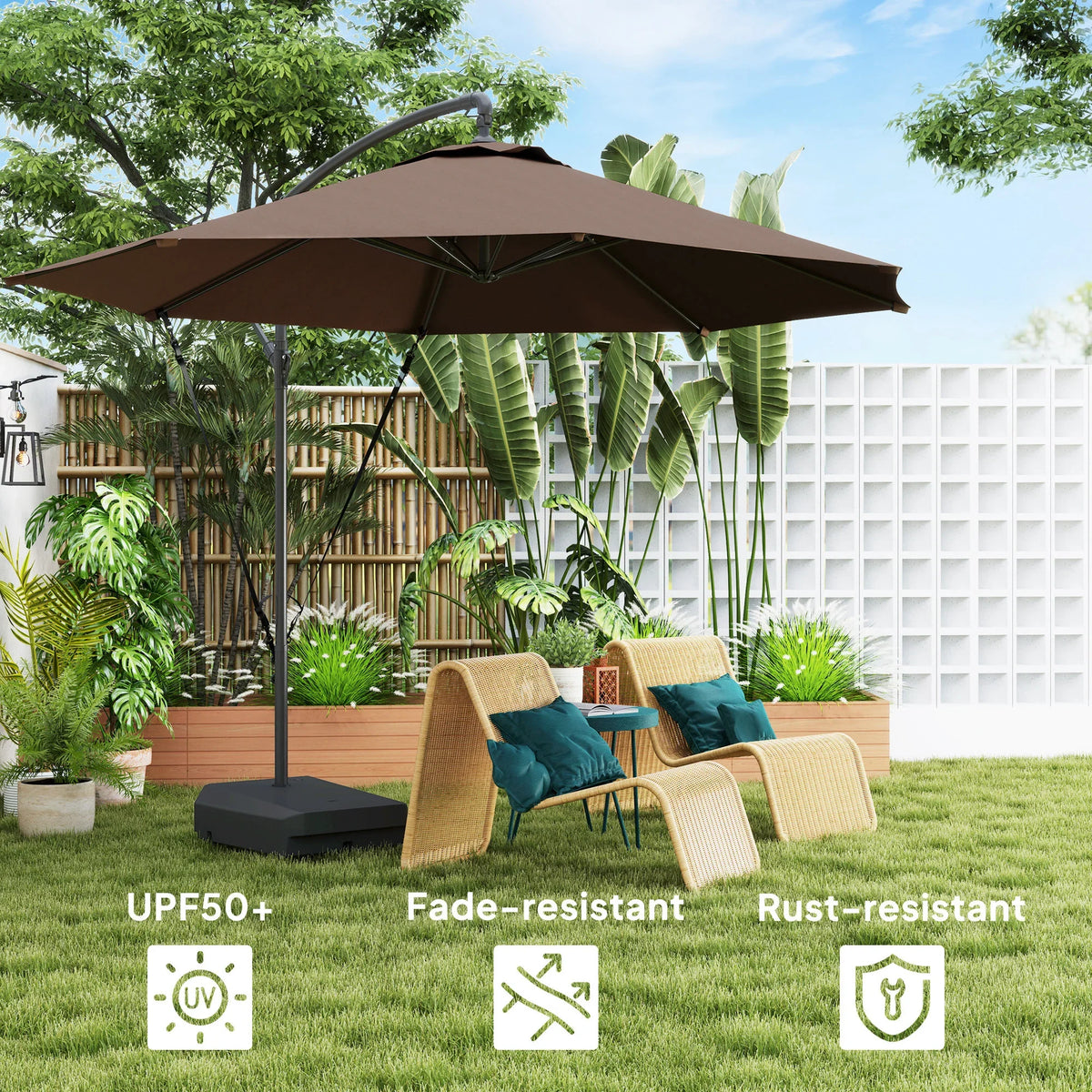 Brown cantilever parasol with UV-protective fabric and rust-resistant frame