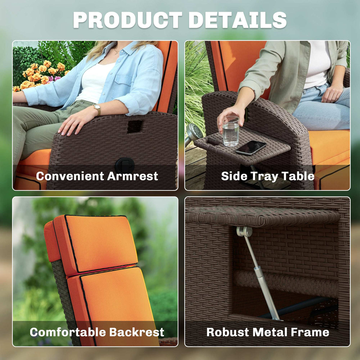 Outdoor recliner chair with orange cushions, dark armrests, and side tray table