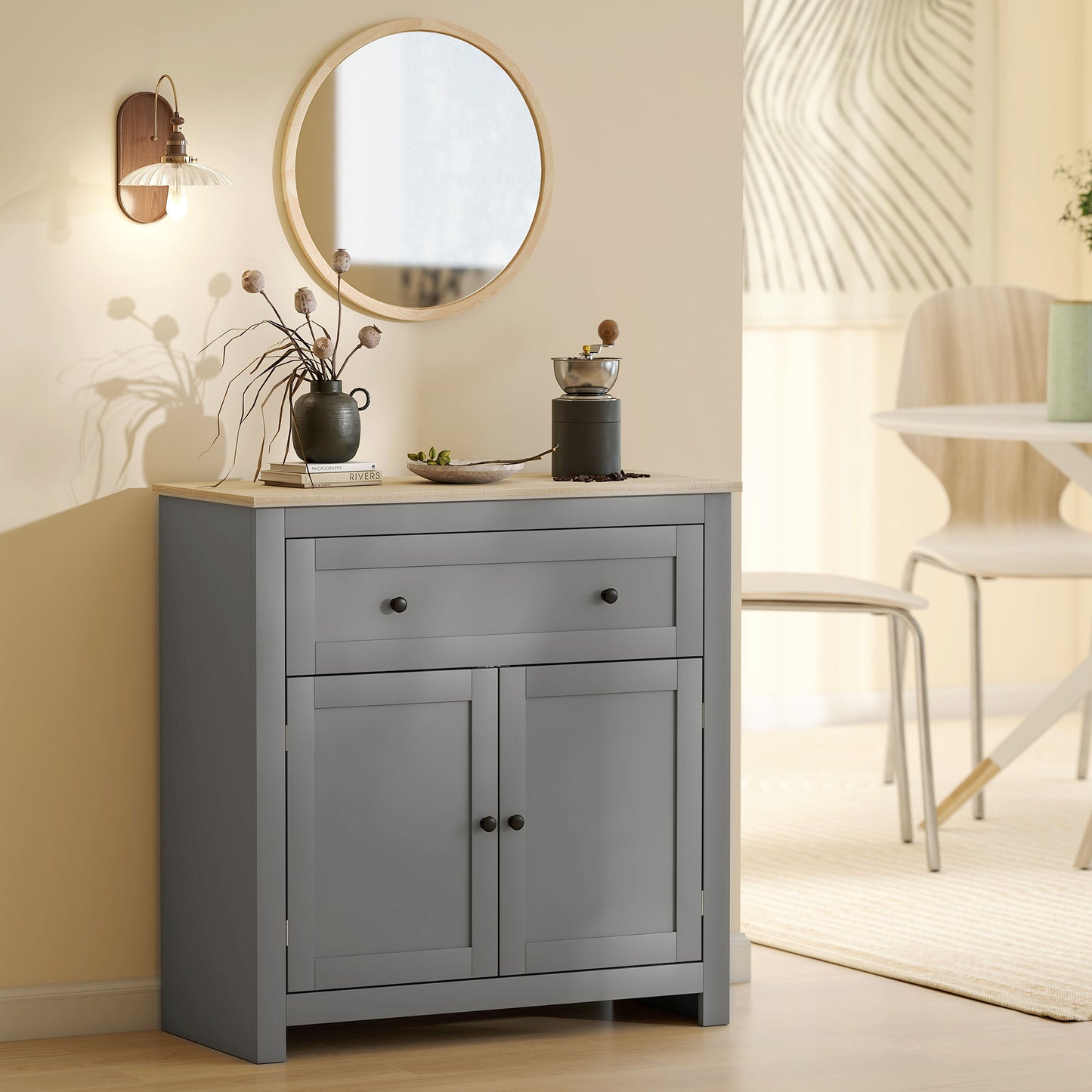 HOMCOM Sideboard Storage Cabinet With Adjustable Shelf Drawer And Double Doors Grey For Living Room Dining Room Hallway