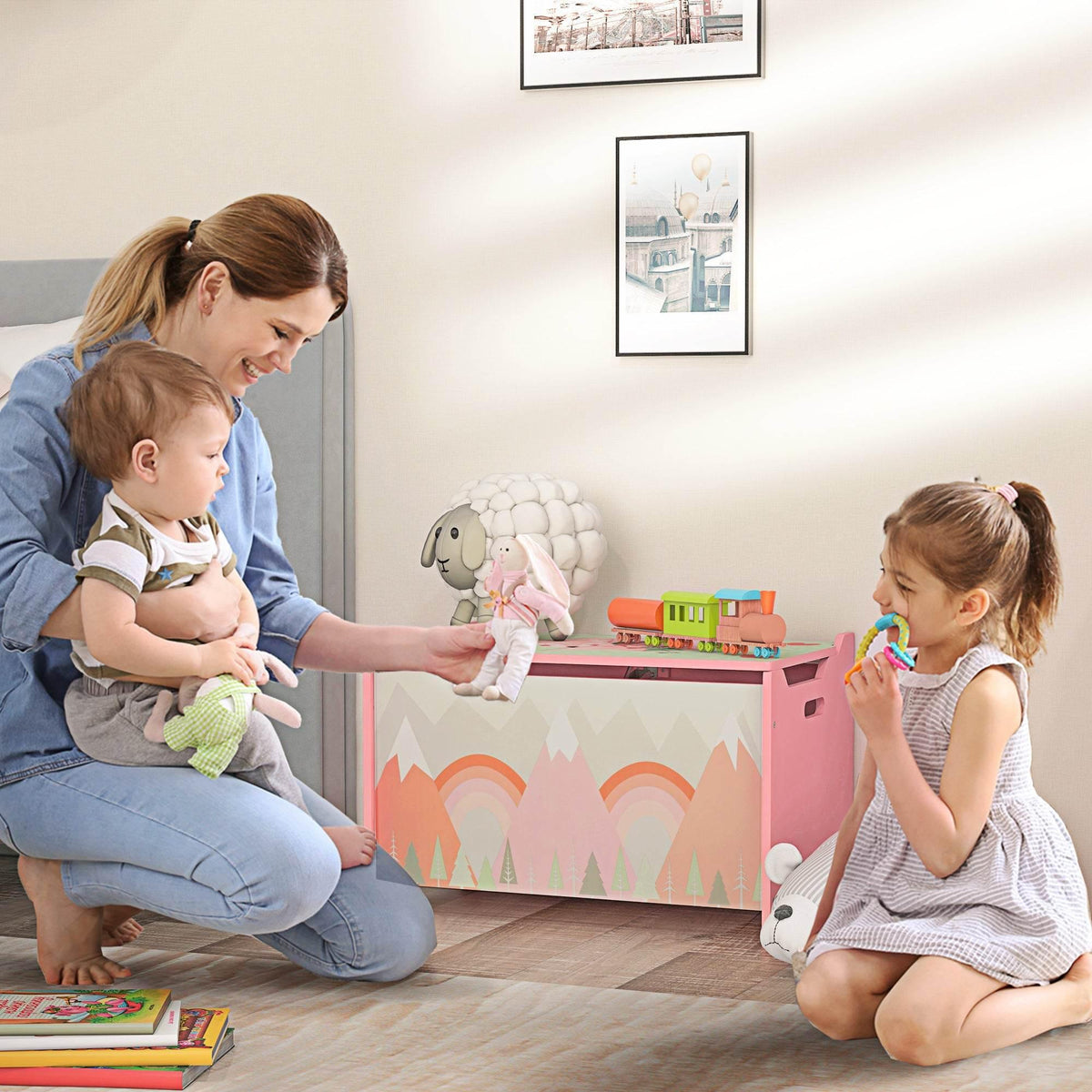 Pink kids toy box with open safety lid and cute animal graphic on front